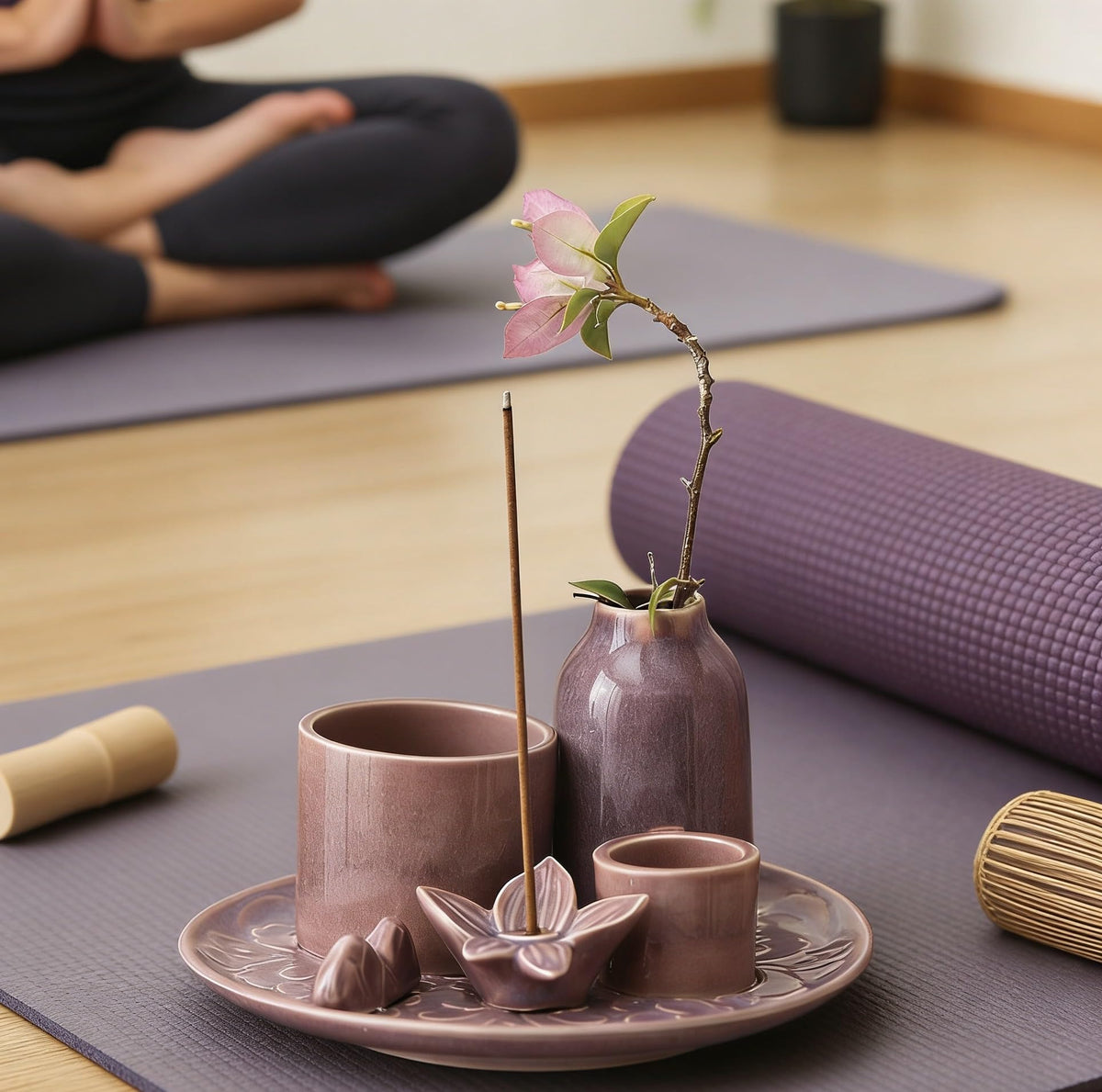 Purple Incense Holder for Sticks, 5.1 Inch Ceramic Incense Holder with Ash Catcher – 4 in 1 Smudge Bowl for Sage and Palo Santo, Reiki Supplies for Meditation Yoga Home Decor