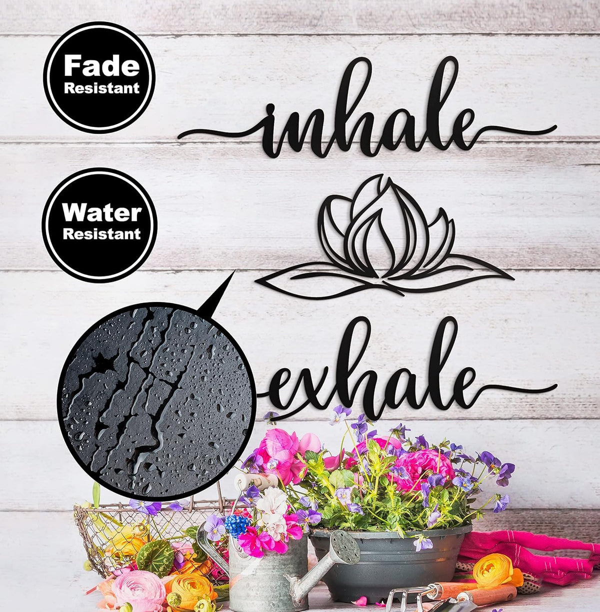 Home Inhale Exhale Wall Art Lotus Flower Metal Zen Large Wall Decor 18"X18" Black Modern Spiritual Yoga Lotus Steel Wall Sign Meditation Bathroom Living Room Shelf Plaque Wall Hanging Decoration Spiritual Inspirational Wall Pediment for Gym Massage Fitnes