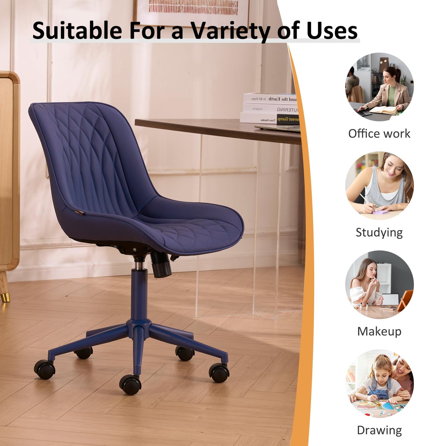 YOUNIKE Faux Leather Ergonomic Office Chair Armless Comfy Desk Chair with Rocking Back Cute Swivel Vanity Chair with Wheels Height Adjustable Small Computer Task Chair for Sewing Drafting Navy Blue
