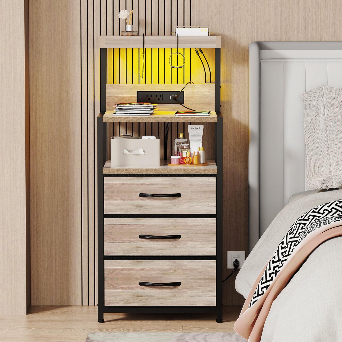 SZLHANJZ Night Stand with Charger Station, 3 Drawers Nightstand with Storage and LED Lights, Shelves, and Hooks, Bed Side End Table for Bedroom Dorm, Greige