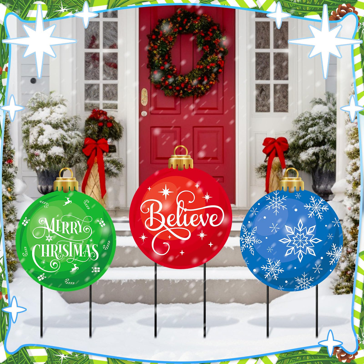 3 Pcs Metal Christmas Balls Yard Signs 20'' H Outdoor Waterproof Snowflake Believe Merry Christmas Yard Sign with Stakes for Outside Porch Patio Lawn Garden Pathway Xmas Holiday Winter Decoration