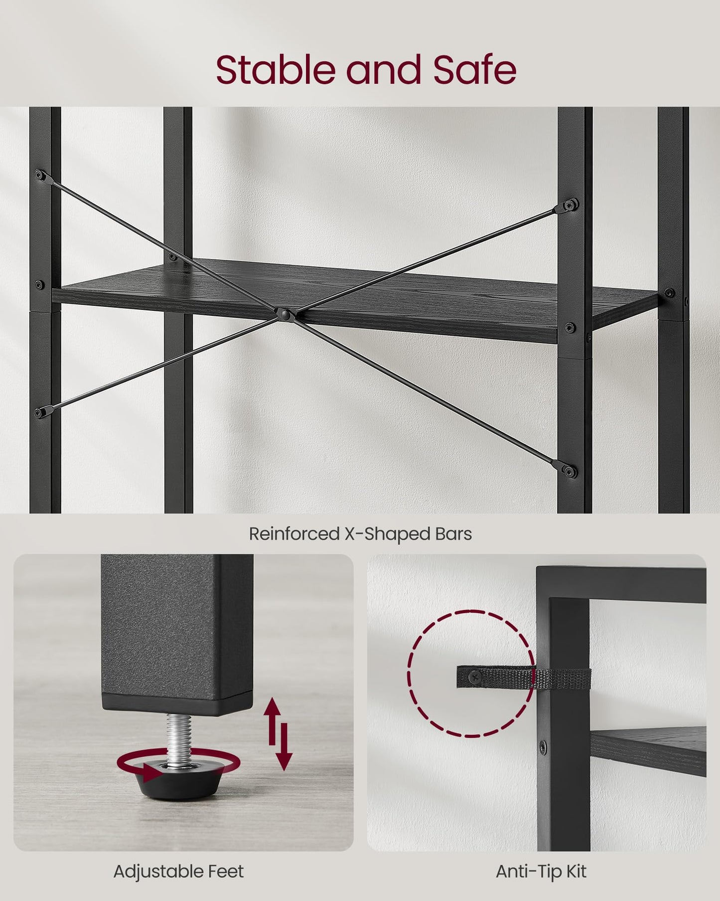 VASAGLE 5-Tier Bookshelf, Bookcase with Steel Frame, Book Shelf for Living Room, Home Office, Study, 11.8 x 26 x 60.2 Inches, Industrial Style, Ebony Black and Ink Black ULLS061B56