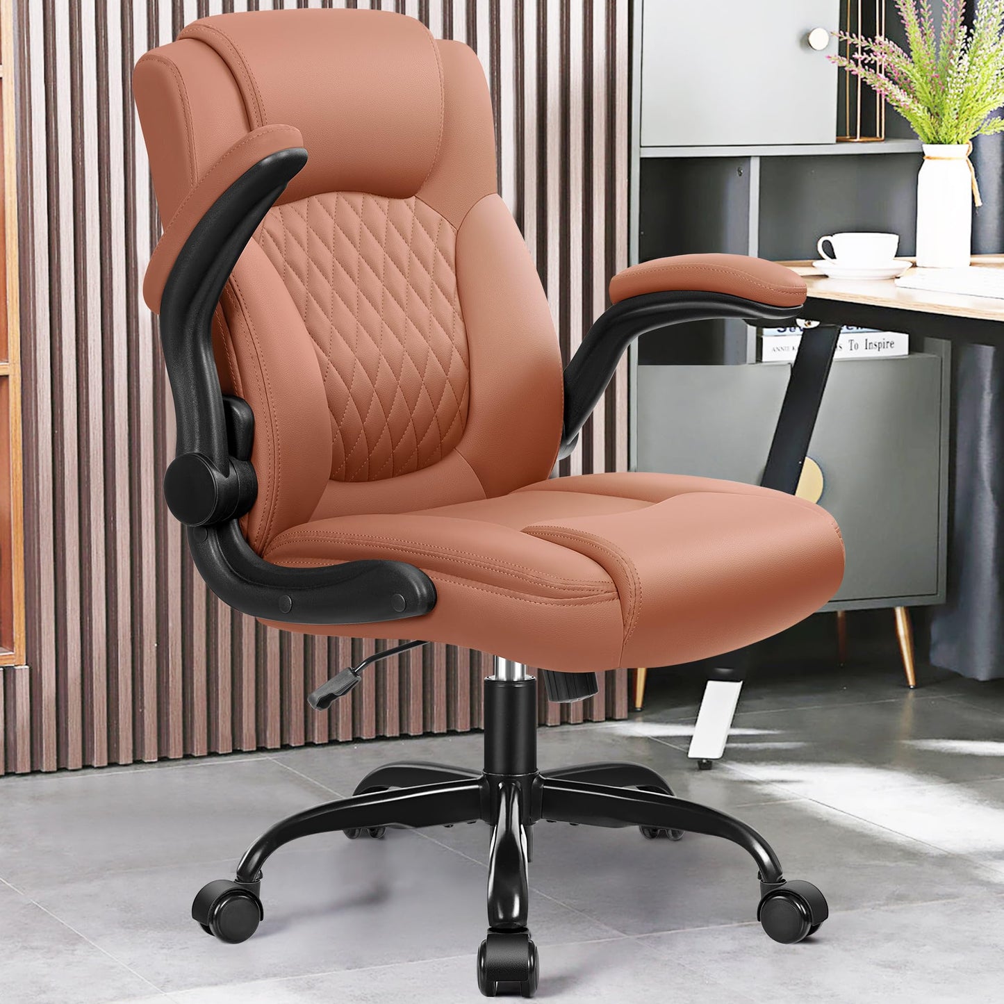 Leather Office Chair, PU Home Computer Desk Chairs with Ergonomic Back Support, 360°Swivel Free，Small Gaming Chair with Wheels and Adjustable Armrests, for Short People Use
