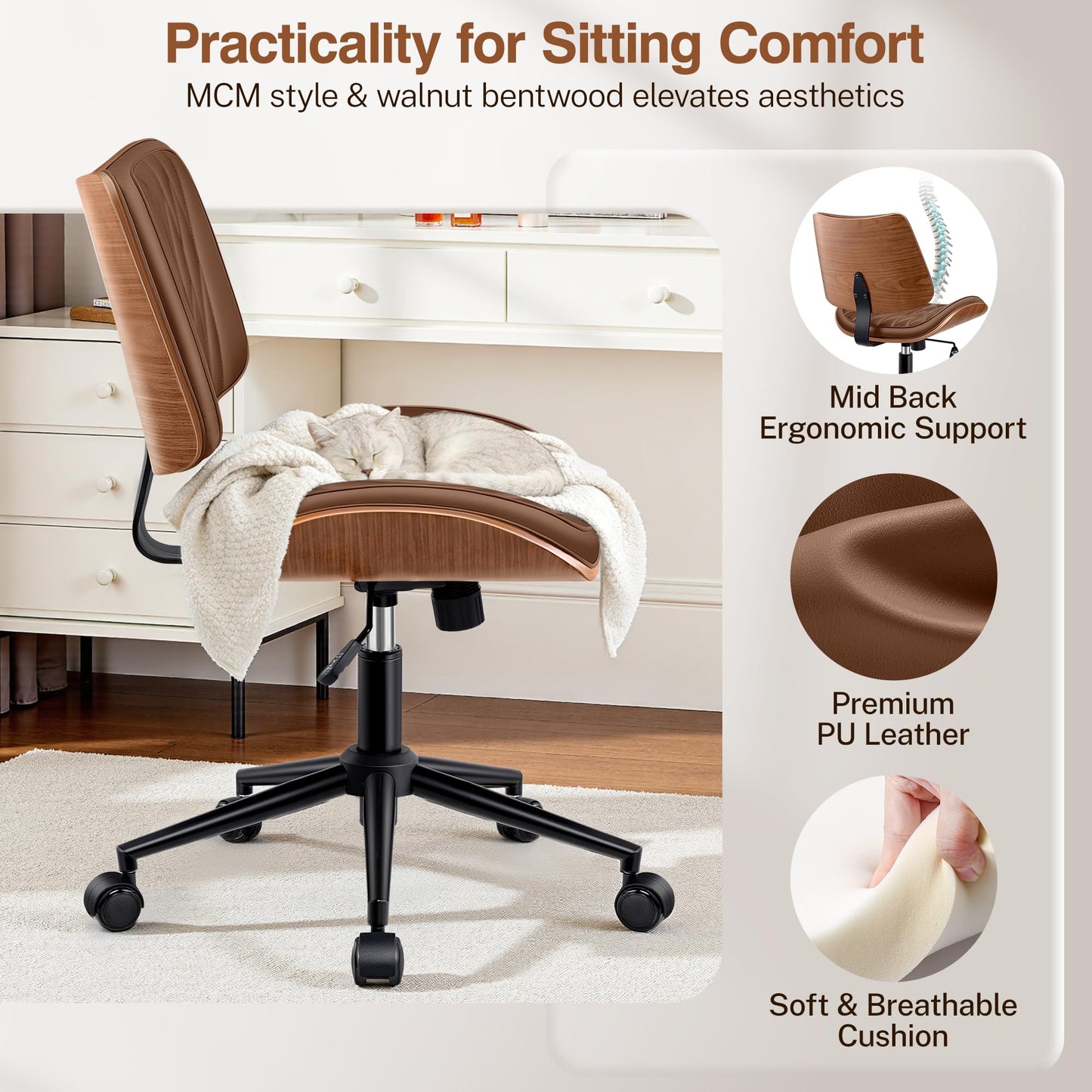 Ergonomic Armless Office Desk Chair - Mid-Century Modern Brown Faux Leather with Diamond Stitch, Adjustable Height Swivel Rolling Task Computer Chair with Walnut Accent for Home Office, Study & Work