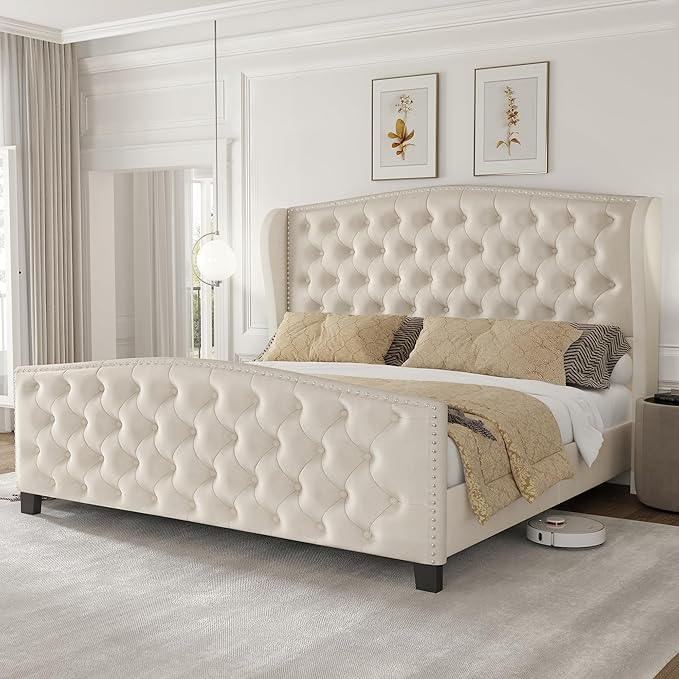 LARMACE Queen Size Bed Frame Velvet Upholstered Platform Bed