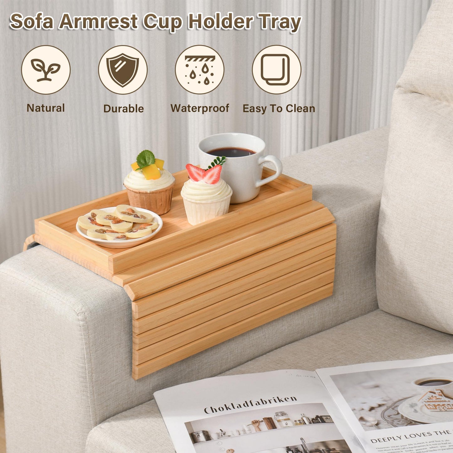 YUBAMIN Bamboo Sofa Arm Tray, Anti-Dropping Couch Arm Tray, Foldable Sofa Armrest Tray Couch Arm Table for Eats, Drinks, Snacks, Remote, Cellphone, Cup Holder, Back Anti-Slip Pad Design