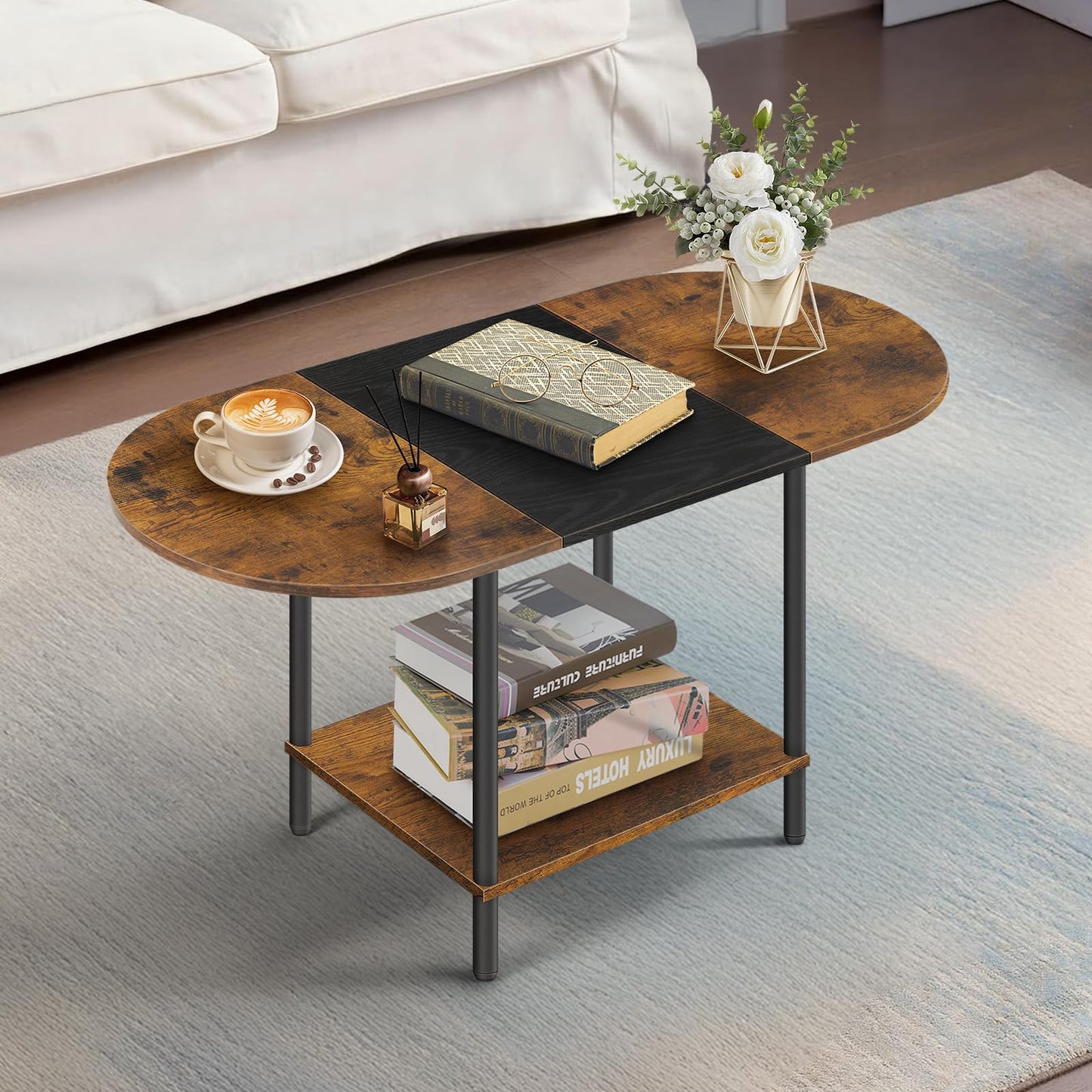 KANEODOT Small Coffee Tables for Living Room,Mid Century Oval Center Table with Storage Shelf and Wood Tabletop,2-Tier Farmhouse Narrow Cocktail Tea Table for Small Space,Apartment,Rustic Brown