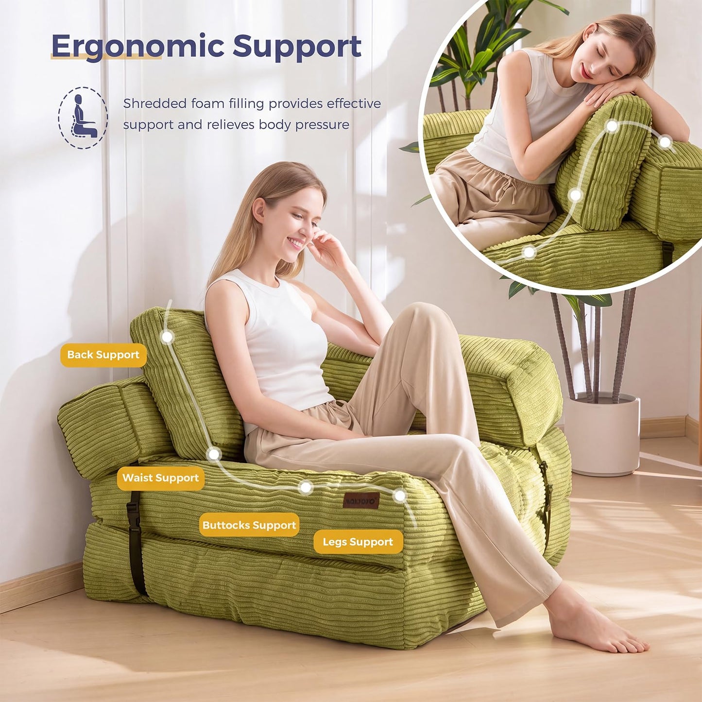 MAXYOYO Folding Sofa Bed, L-Shaped Convertible Sofa with Armrest Foldable Sleeper with Pillow, Portable Fold Out Chair Bed Comfy Floor Lounge for Living Room Bedroom, Green