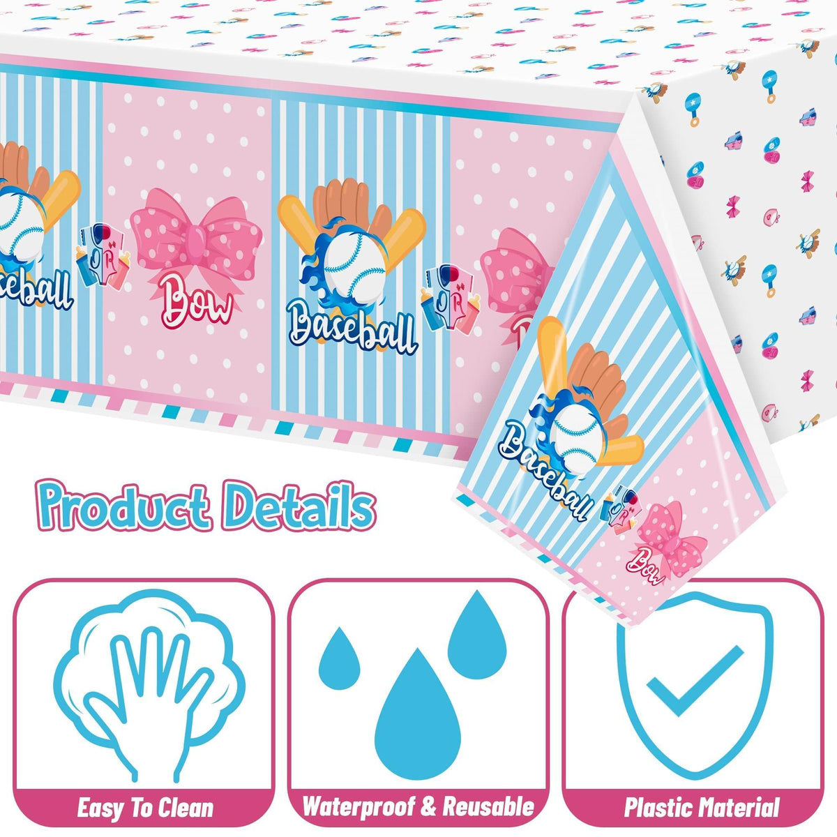 BkeeCten Gender Reveal Table Cover - 3 Packs Sport Baseball or Bow Gender Reveal Disposable Waterproof Plastic Rectangle Table Cloth Gender Reveal Party Favor Decoration Supplies(54x108 Inch)