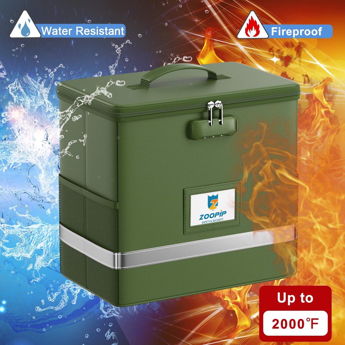 ZOOPIP Fireproof File Box with Lock, Document Box Storage Organizer, Suitable for Hanging File Folders in Letter Size, Collapsible File Box, Reflective Strip for Fast Find (12.2"*6"*10.2, Green)