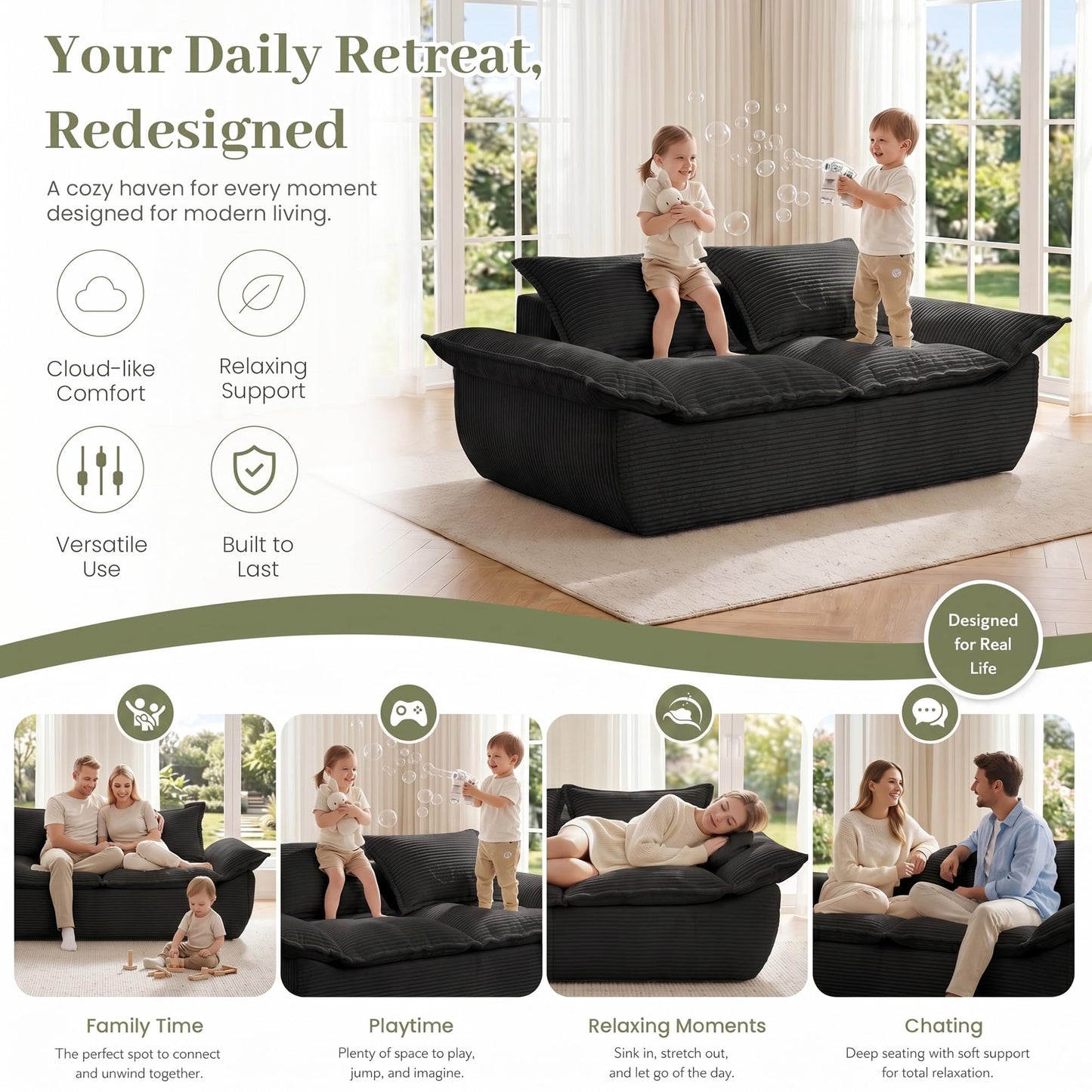 JUIKURY 55" Convertible Corduroy Sofa Bed, Boneless Foldable Loveseat Sleeper Couch, Compressed Foam Floor Sofa with Removable Cushions & Pillows for Small Space Living Room