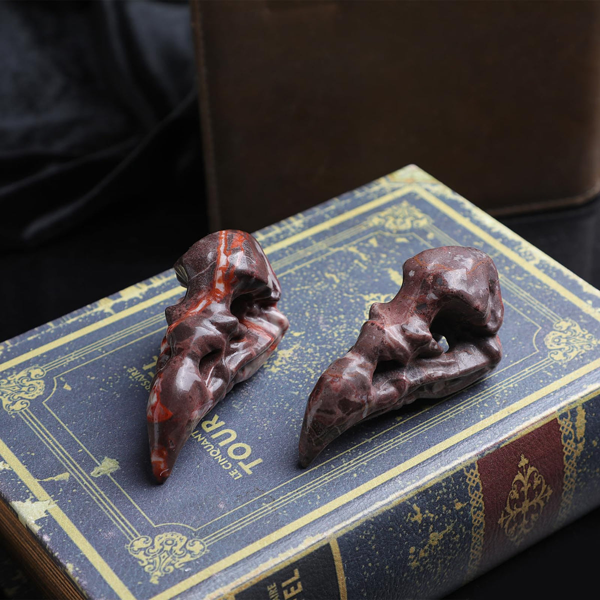 TUMBEELLUWA 3.15 Inch Carved Crystal Raven Head Skull Statue Natural Bloodstone Small Animal Figurines Gothic Desk Decor for Home Office