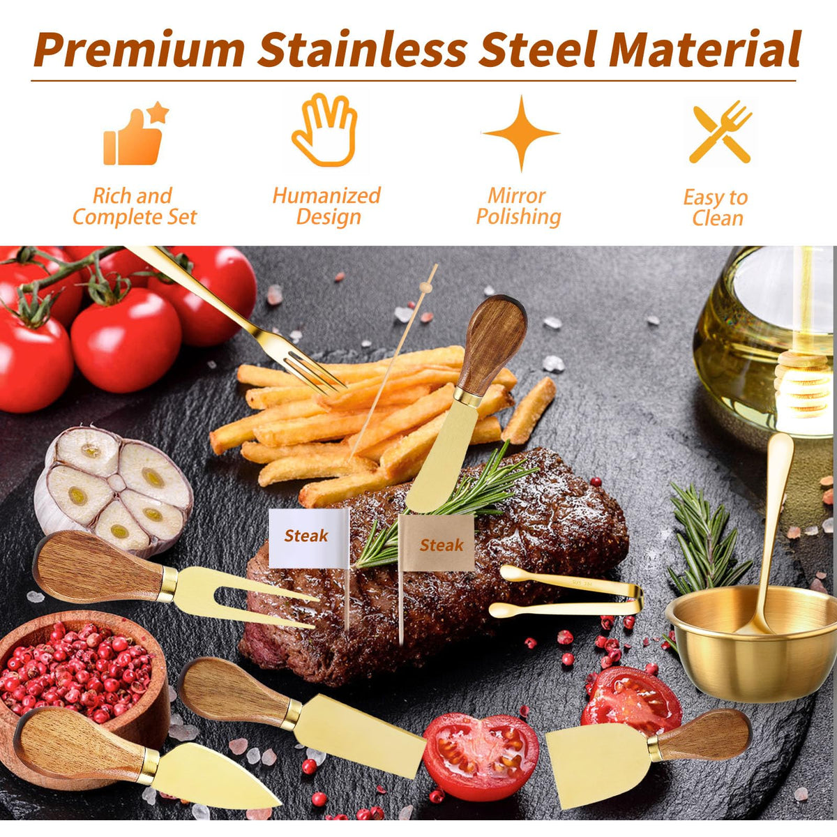 46Pcs Charcuterie Boards Accessories Small Serving Utensil Set Cheese Butter Spreader Knives Mini Stainless Steel Cutlery Tong Spoon Fork Bowl Wooden Toothpick for Kitchen Wedding Christmas Gift(Gold)