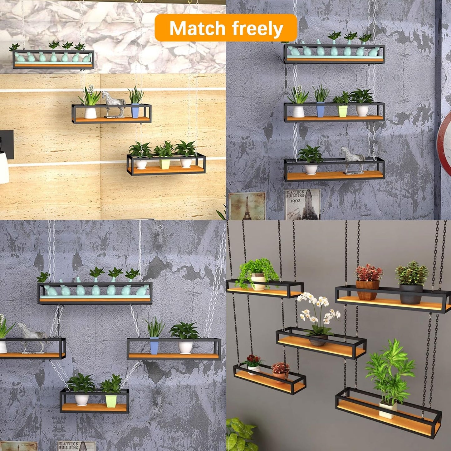 DCTPETHM Creative Bar Wine Racks,Flower Stand Hanging from The Ceiling, Metal Ceiling-Mounted Display Wall Shelves | with Chains Storage Shelf for Cafe Kitchen Garden, Black (Size : 60x25x1