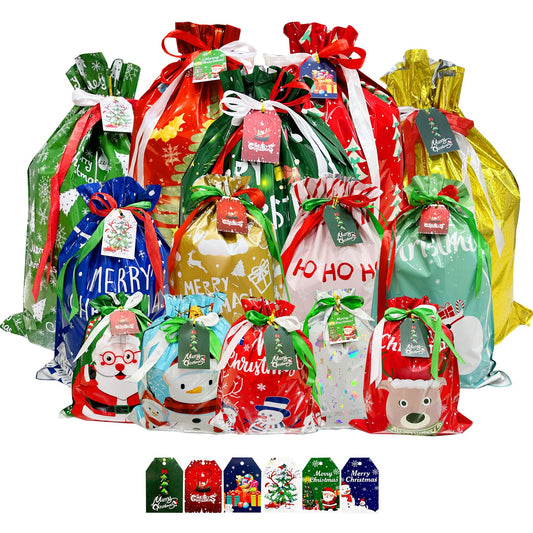 Allruyee 45pcs Christmas Gift Bags Gift Wrapping Bags Assorted Sizes Small Medium Large Jumbo Xmas Gift Treat Wrapping Bags with Tags for Present Party Favors Wrapping
