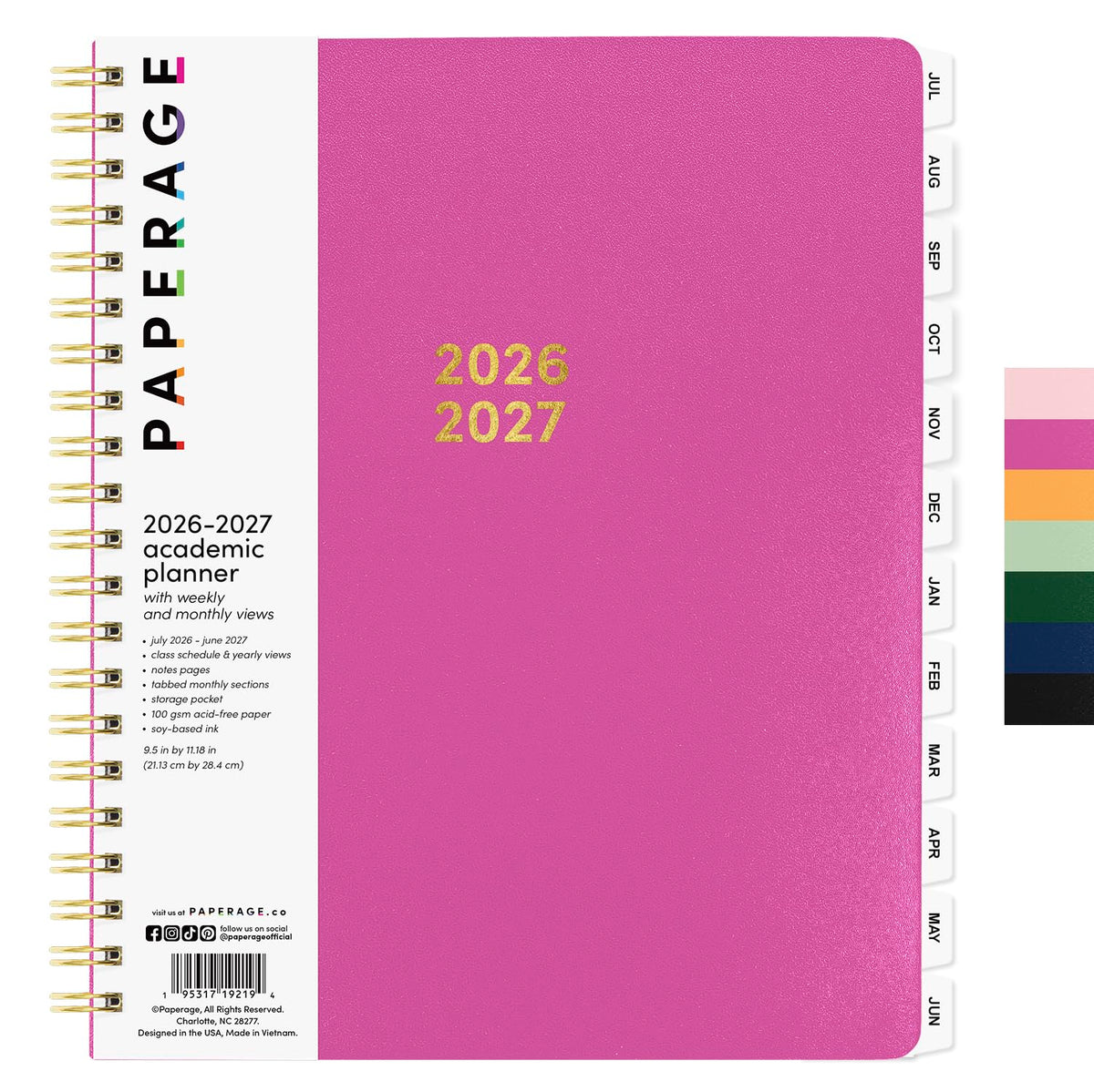 PAPERAGE Academic Planner, Weekly & Monthly Planner & Calendar, 12-Months, July 2026 - June 2027, (9.5" x 11"), School & Student Planning Agenda with Tabs, Bonus Pages & Inner Pocket, Raspberry