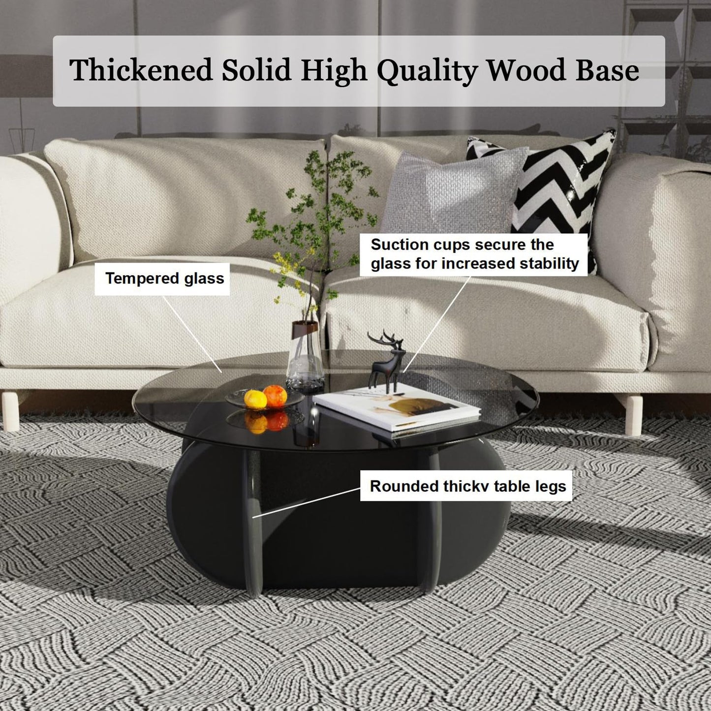 Black Glass Top Coffee Table Modern Elegant Round Coffee Tables with Solid Wood Legs and Tempered Glass Tabletop for Living Room Home Small Space Reception Office Tables 31.5"