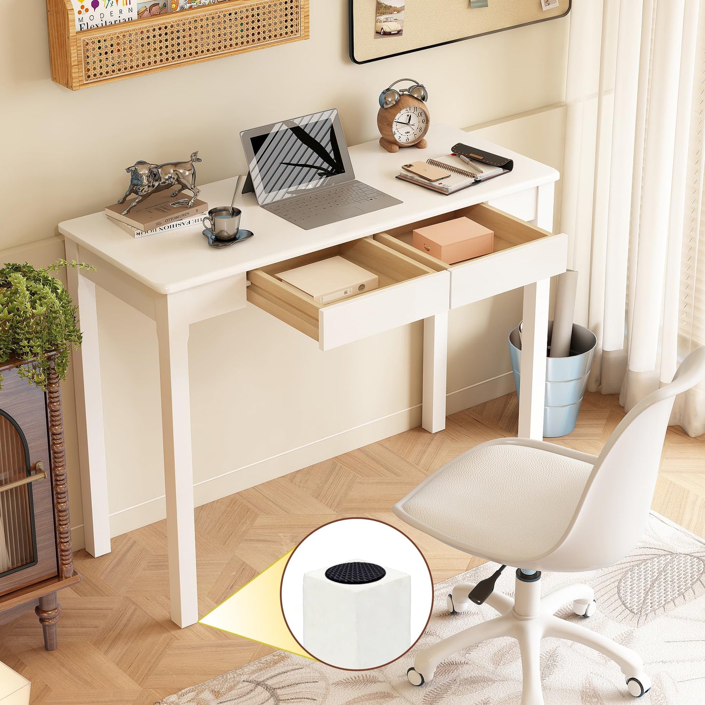 Love-KNPTUS Solid Wood Desk with Drawers - 39" Narrow Desks for Small Spaces, Mid Century Modern Desks, Small Wooden Vintage Computer Writing Desk, Study Table for Home Office Bedroom, White