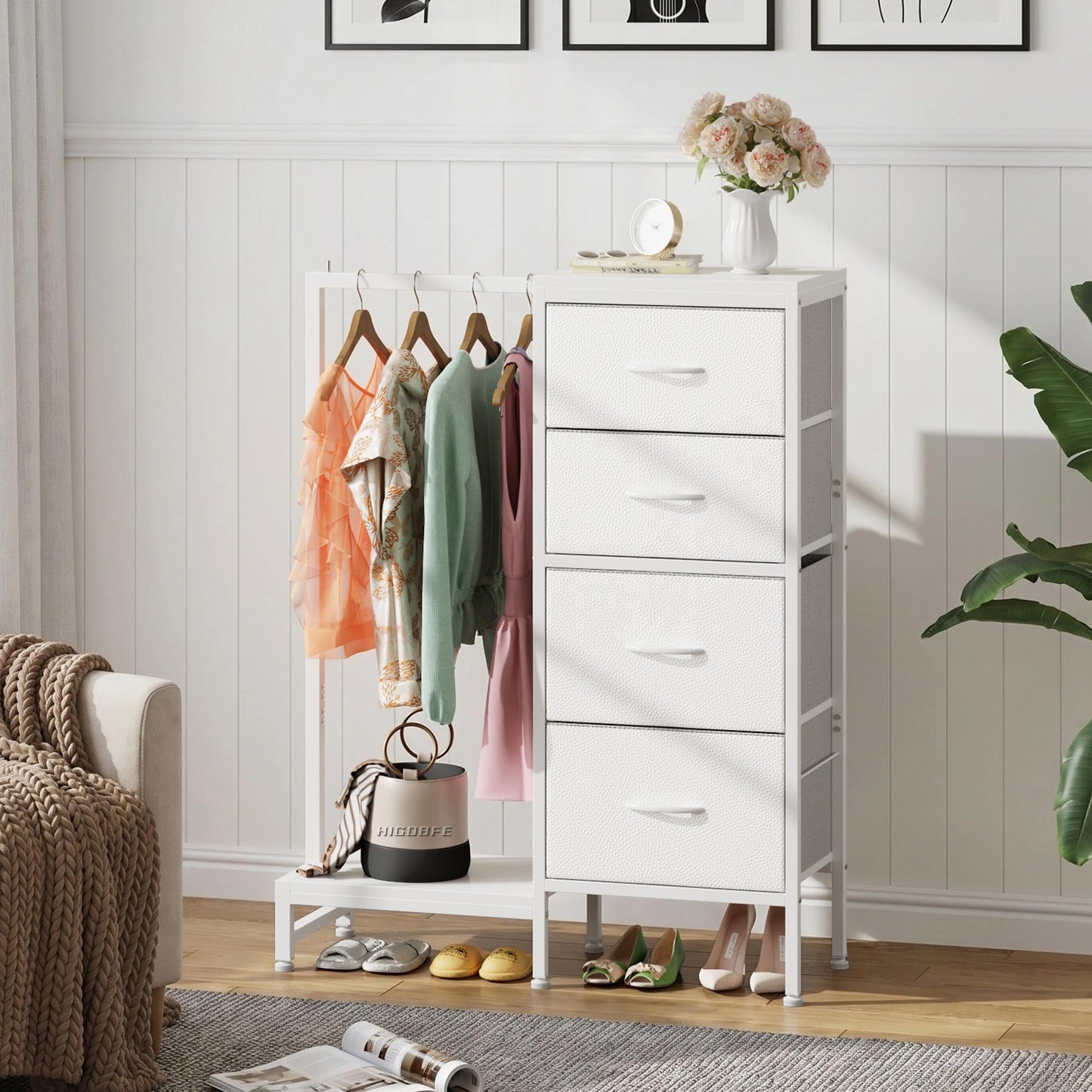 HIGDBFE Tall Dresser 44''H with Hanging Rack, 4 Drawers Small Closet Dresser for Bedroom, Reversible Fabric Chest of Drawers with Clothes Rack, Tall Storage Tower, Sturdy Frame, White