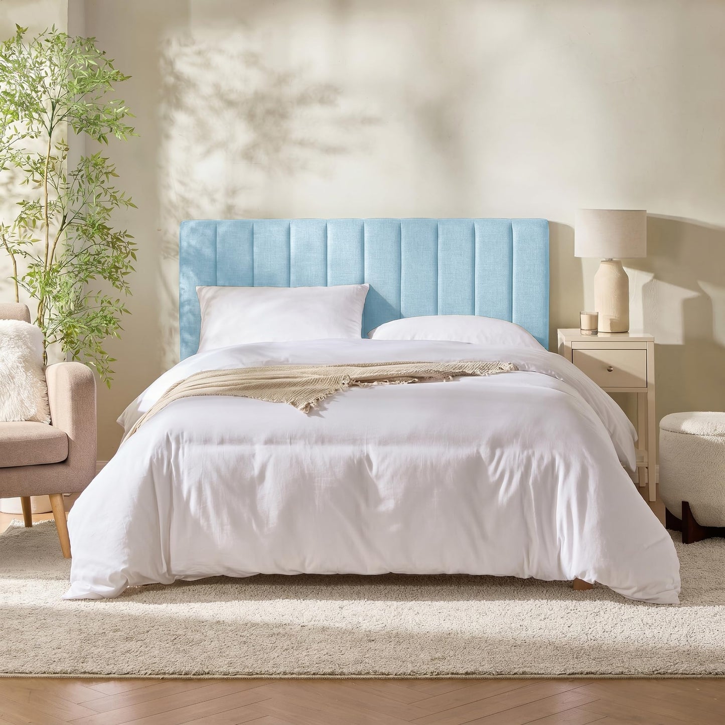Upholstered Queen Headboard - Easy Assemble Channel Stitched Headboard Queen Size - Wall Mounted Headboards with 3D Soundproof Wall Panels Peel & Stick Floating Headboards, 08-Ice Blue