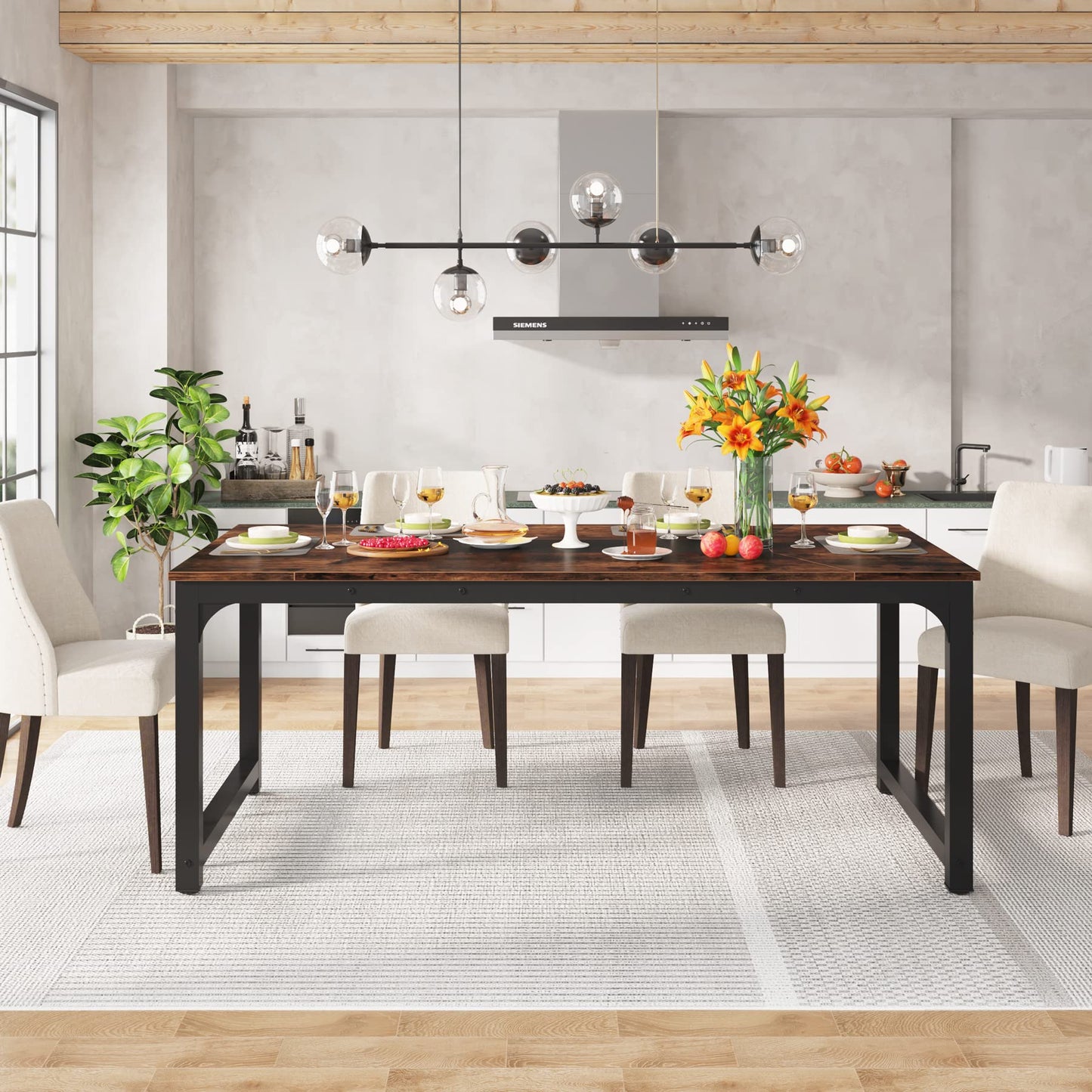 LITTLE TREE 78.7 Inch X-Large Dining Table Rectangular Kitchen Furniture for 6 to 8 People, Brown