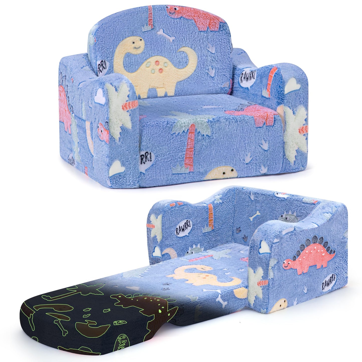 aodisman Thick Comfy Kids Chair and Couch, 2-in-1 Soft Foldable Plush Kids Sofa, Foam Seating for Reading and Play, Removable Washable Cover, Blue Dinosaur