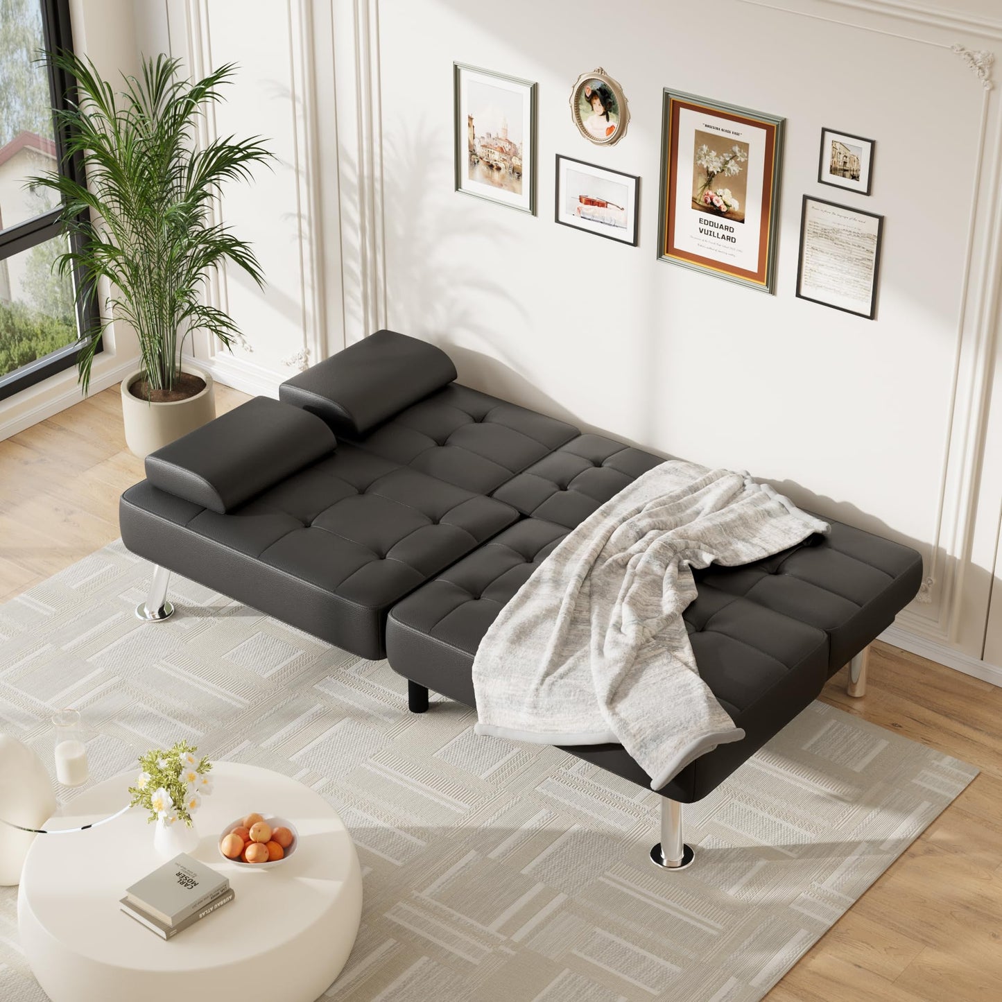 Furmax Futon Sofa Bed Adjustable Futon Couch Sleeper Sofa Bed for Living Room, Business Office, Recliner Sofas with Cup Holders (PU Leather, Black)