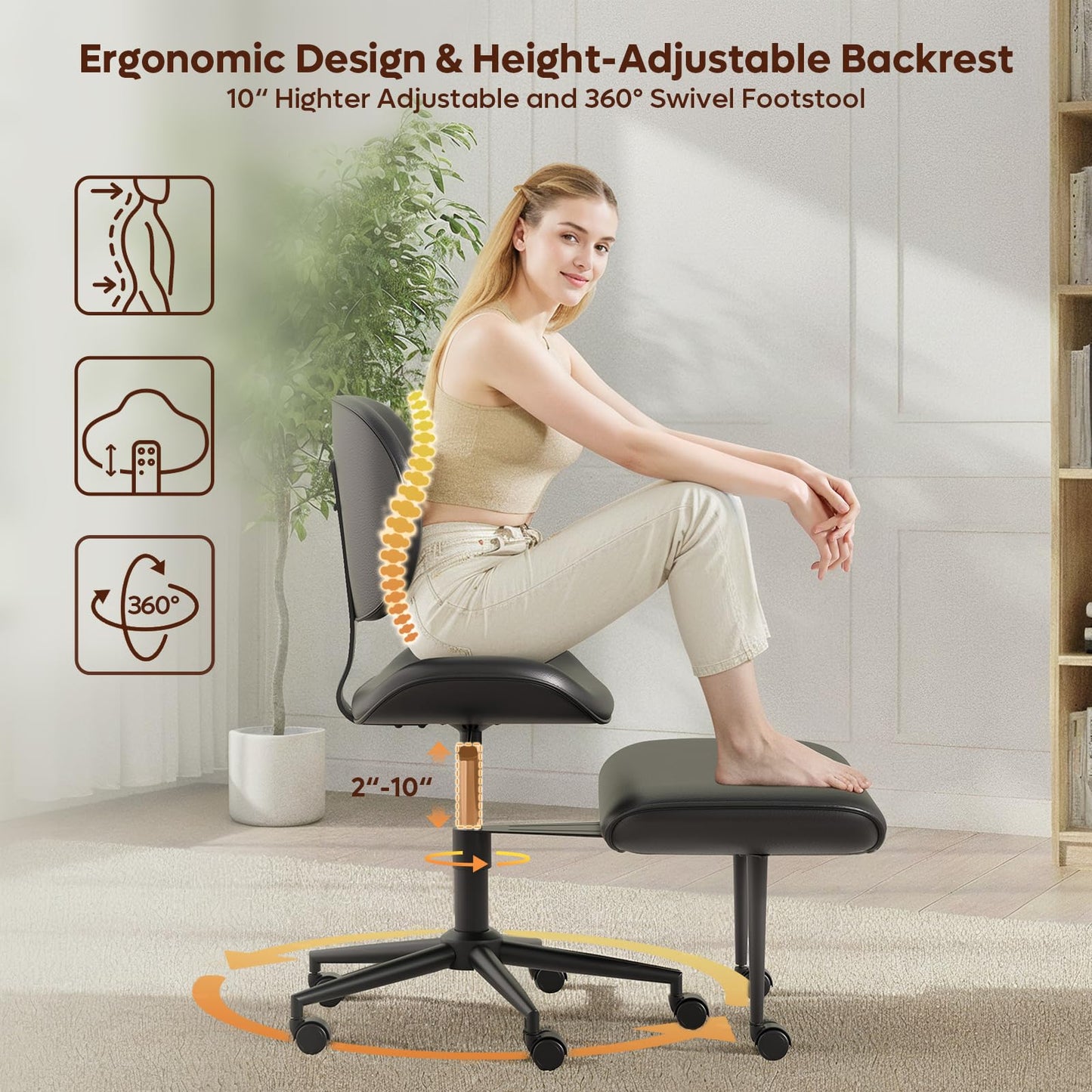 Cross Legged Office Chair with Wheels for ADHD, Ergonomic 360° Swivel Height-Adjustable Meditation Chair for Yoga, Wide Kneeling Chair with Strong Lumbar Support, PU Leather, Black