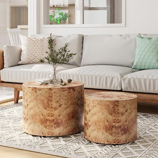 Nesting Coffee Table Set of 2 for Living Room, Modern Round Wooden Circle