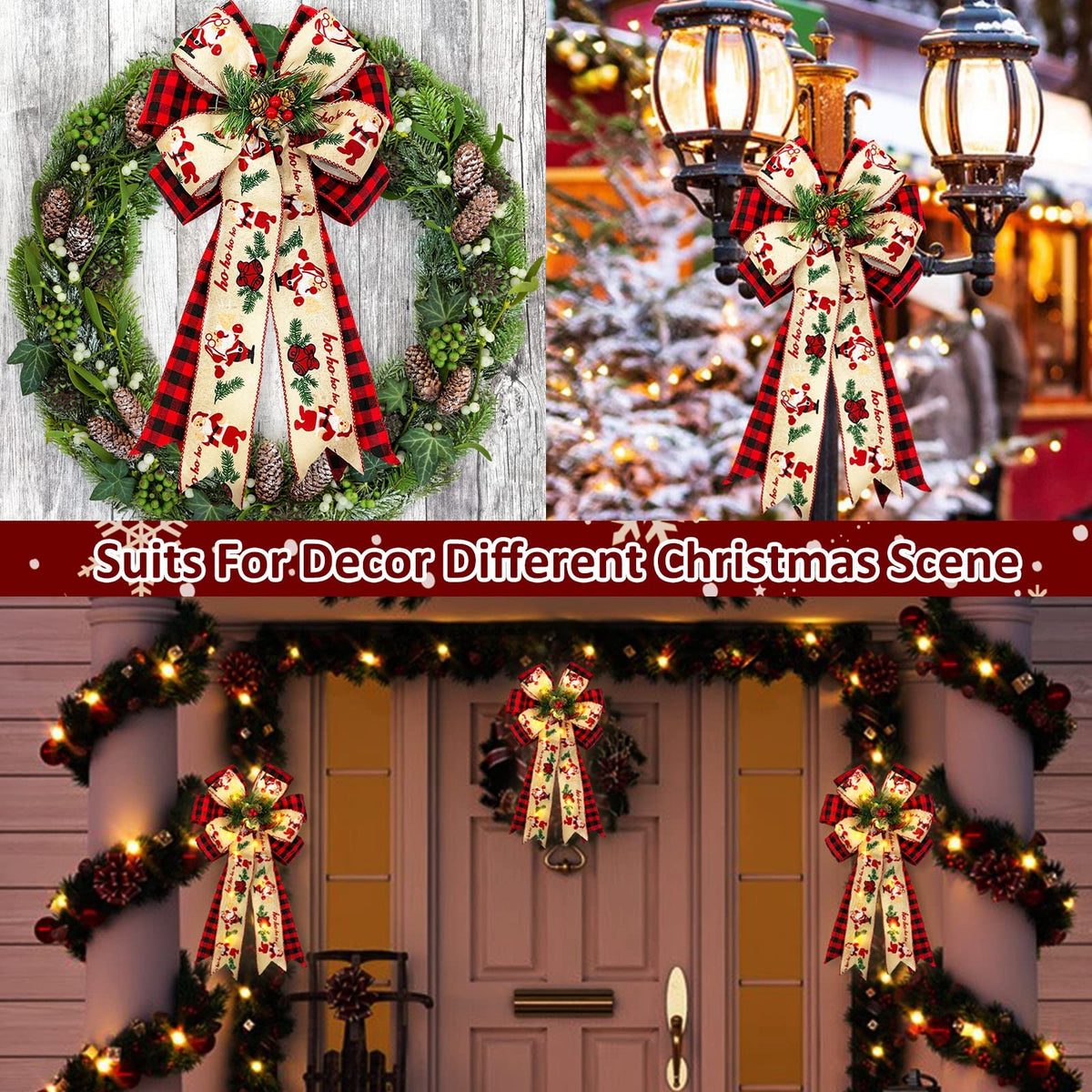 2 Pcs Prelit Christmas Bows Decor with 20 Lights, Santa Bells Black Red Buffalo Plaid Xmas Bows 20" by 11" Christmas Tree Wreaths Garland Bow Battery Powered Christmas Decorations Home Indoor Outdoor