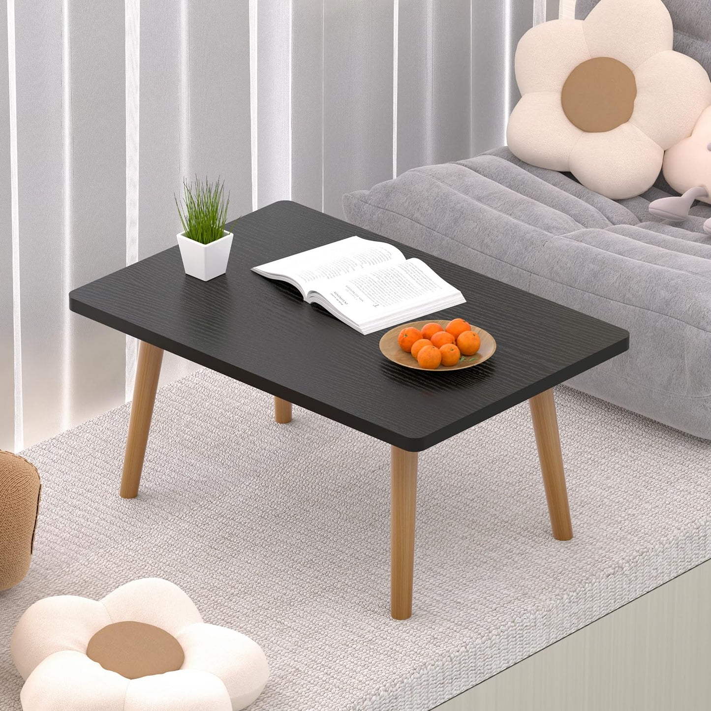 Coffee Table, 23.6" Small Oval Coffee Tables for Small Space with 4 Solid Wood Leg, Floor Table Desk for Sitting on The Floor, Side Table Japanese Low Table for Living Room Apartment, Rectangle Black