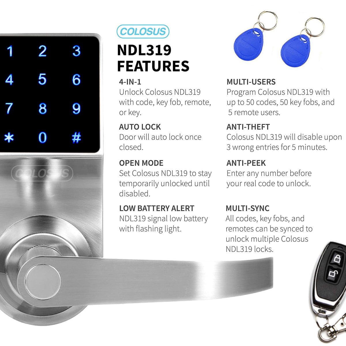 Electronic Keyless Door Lock, Keyless Entry with Touchscreen, Key Fobs, Remote Control, Keys for Home, Office or Commercial, Silver NDL319