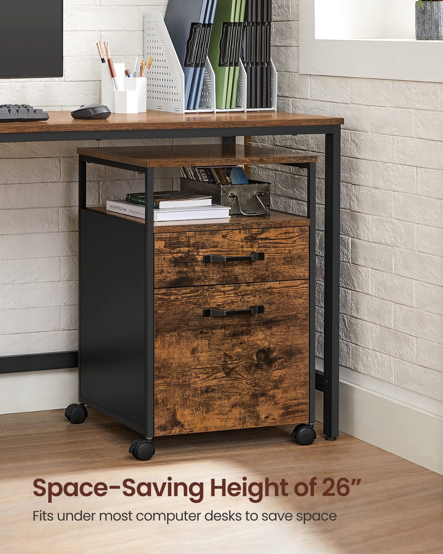 VASAGLE File Cabinet, Mobile Filing Cabinet with Wheels, 2 Drawers, Open Shelf, for A4, Letter Size, Hanging File Folders, Rustic Brown and Ink Black UOFC71X