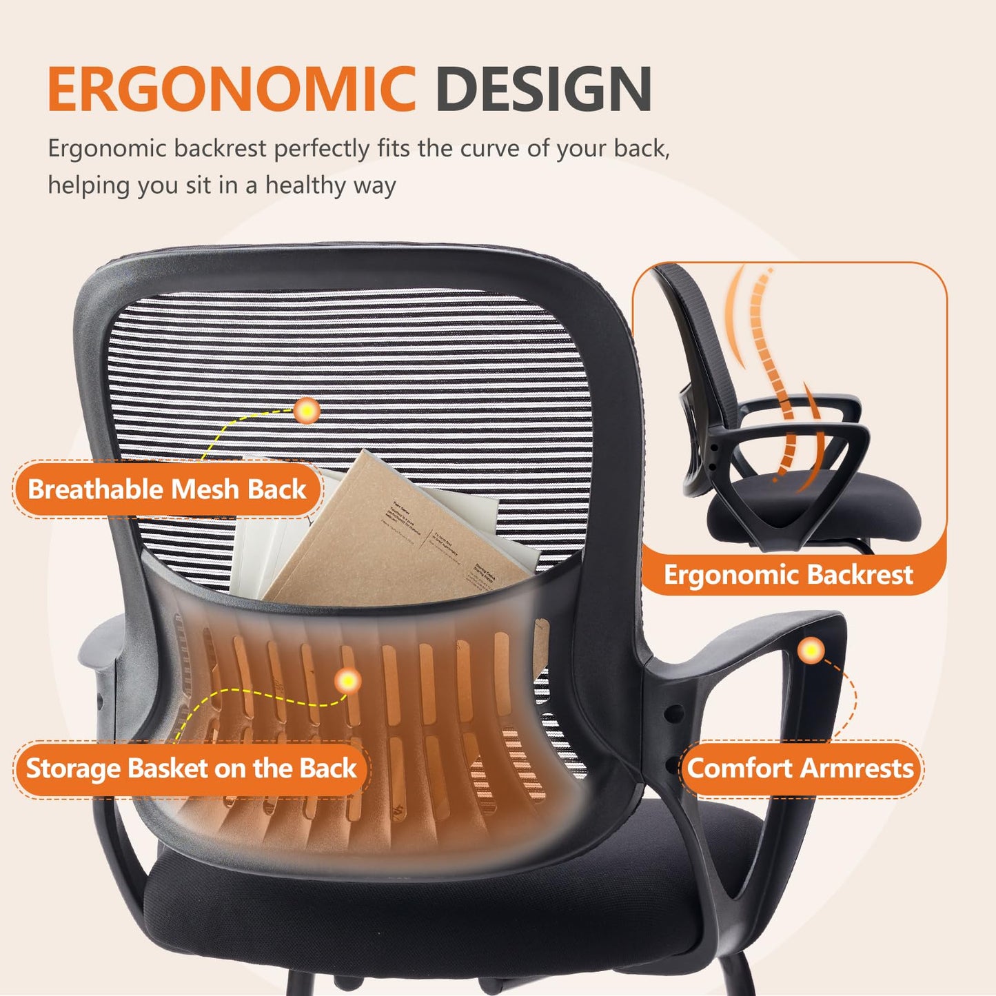 Sweetcrispy Reception Chair No Wheels, Stationary Non Rolling Mesh Mid Back Computer Guest Side with Lumbar Support for Waiting Area Reception Conference Room, Set of 4, Modern Black