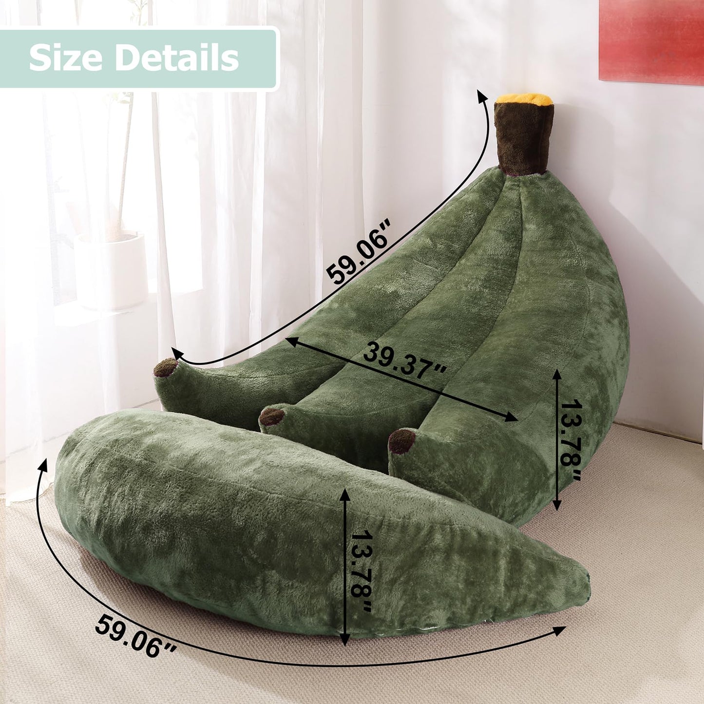 IEVENW Banana Bean Bag Chair with Ottoman, Floor Sofa Bed with Footrest, Comfy Convertible Lounger for Adults, Plush Couch for Bedroom, Living Room or Dorm, L-DarkGreen