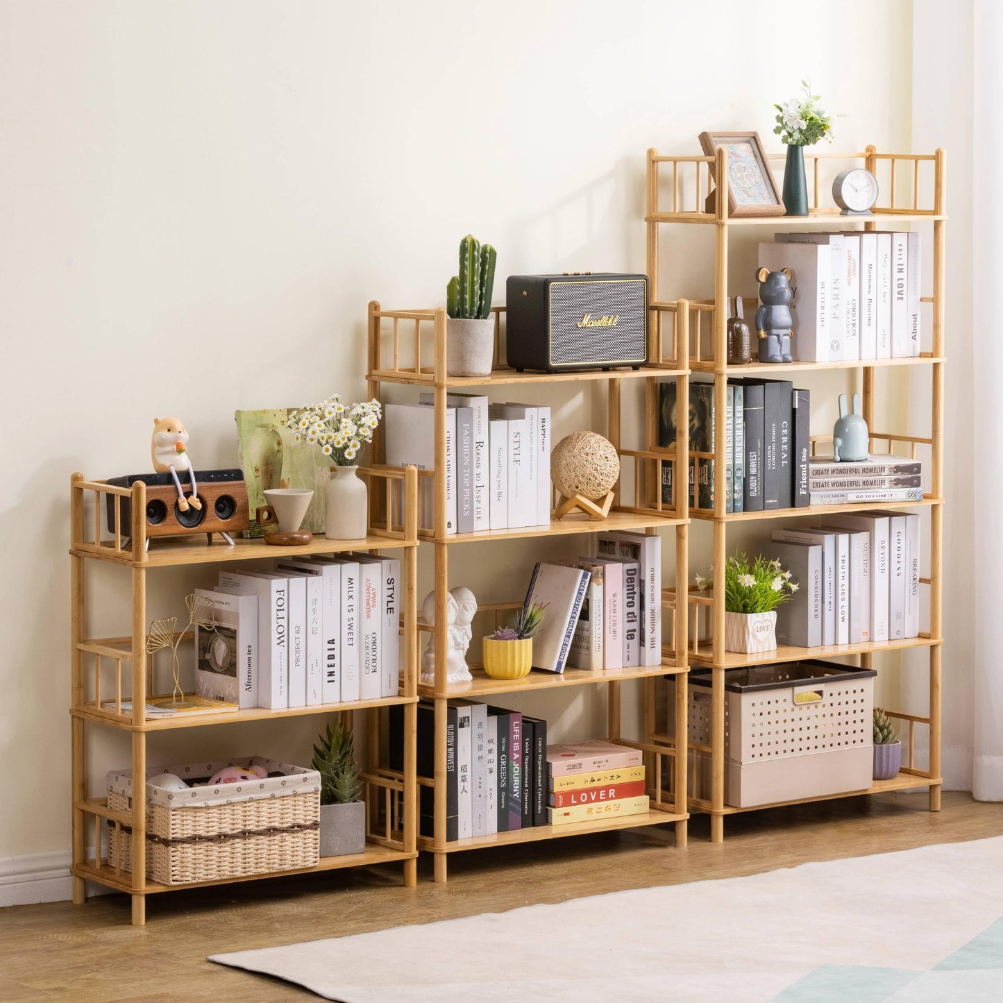 GOGOGO 4-Tier Expandable Bamboo Bookshelf - 150LBS Heavy-Duty, Tool-Free Assembly, Multifunctional Storage for Bathroom/Kitchen/Office Holder Plant Flower Stand (Natural, 4-Tier 10.6" D)