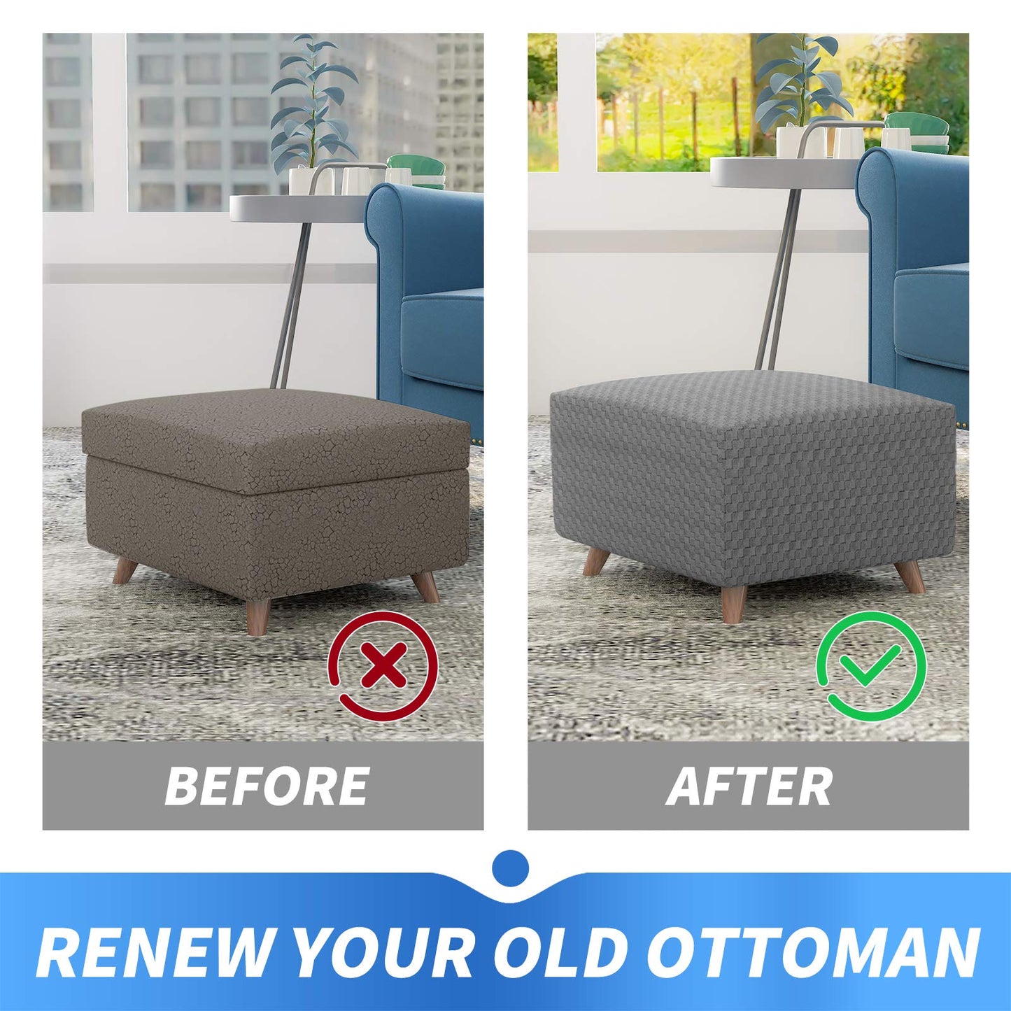 MAXIJIN Jacquard Ottoman Cover Slipcovers Folding Storage Stool Furniture Protector Cover Soft Thick Rectangle Foot Rest Slipcover with Elastic Bottom (Ottoman X-Large, Light Gray)