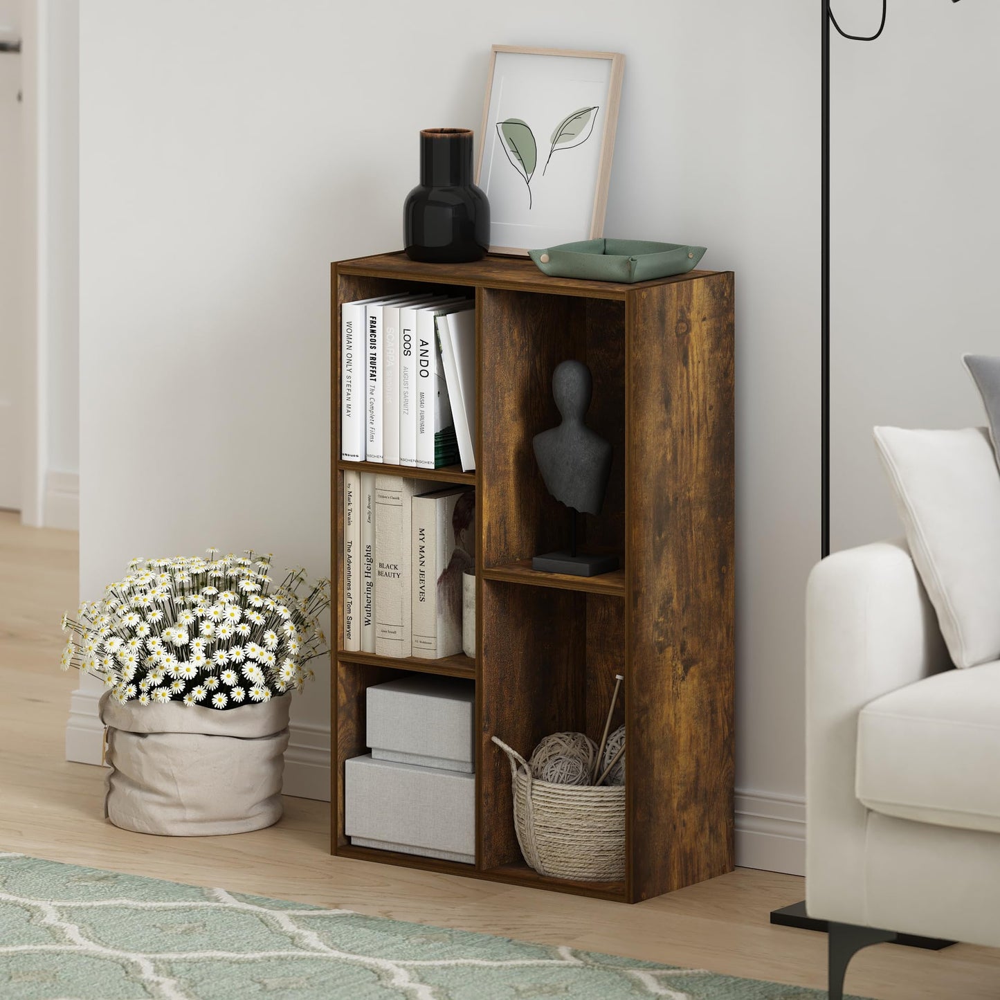 Furinno LUDER Book Shelf, 5-Cube Bookshelf, Reversible Bookcase, 9.4 x 19.5 x 31.5, Easy Assembly, for Living Room, Bedroom, Home Office, Amber Pine