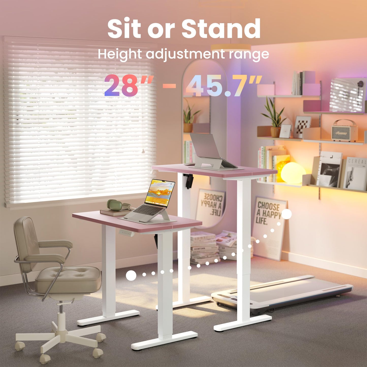 HUANUO 32" Small Electric Standing Desk Adjustable Height, 4 Memory Height Settings, Sit Stand Up Desk for Home Office & Computer Workstation, Pink