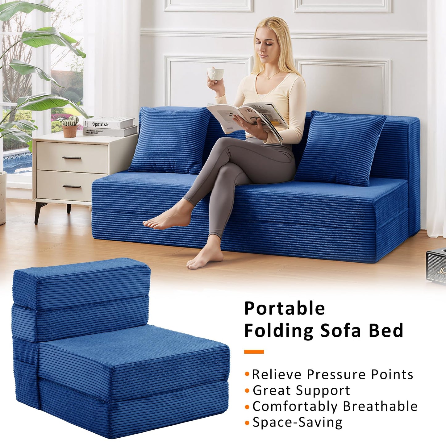 JKMAX Single Size Folding Sofa Bed - 4 in 1 Convertible Sleeper Chair - High Density Memory Foam Futon Couch - Foldable Bed for Living Room Bedroom (Blue)