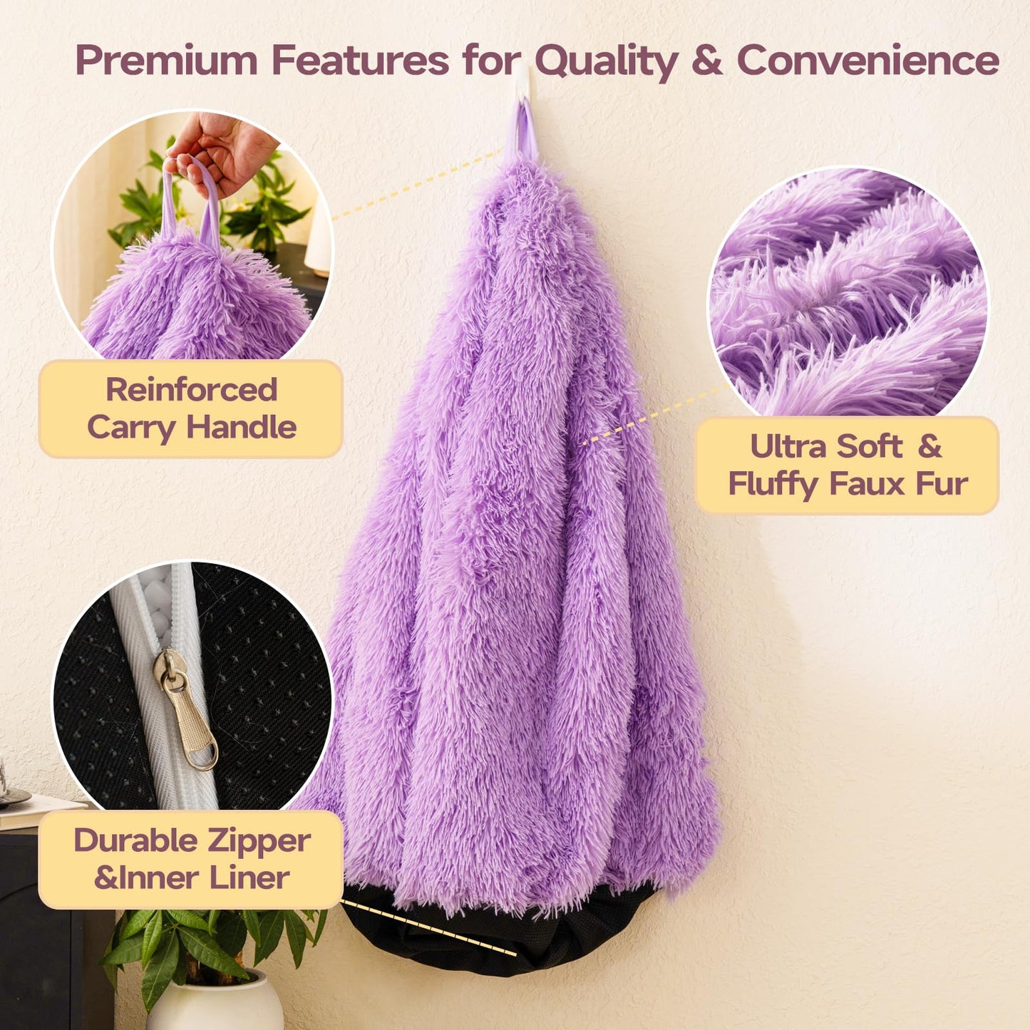 Lavender shaggy bean bag chair covers (No Filler), comfy Faux Fur Lavender bean bag chair Cover for bedroom, stuffed animal Storage, kids adults teens girls bean bag chairs, Anti-Slip