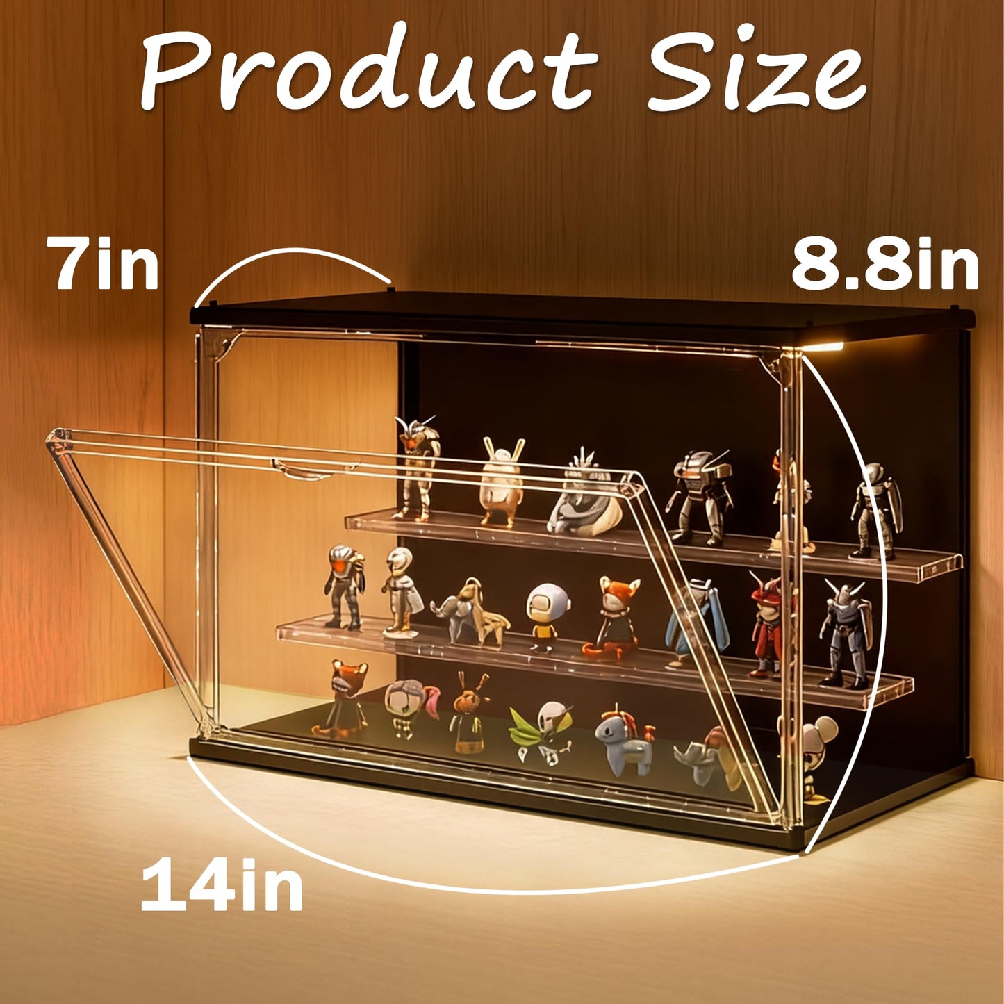 VERSSURE Clear Display Case for Collectibles, 3-Tier Stackable LED Figure Display Case with Magnetic Door, Adjustable Showcase for Models, Miniatures, Jewly (Black, 8.8“H-1PC)