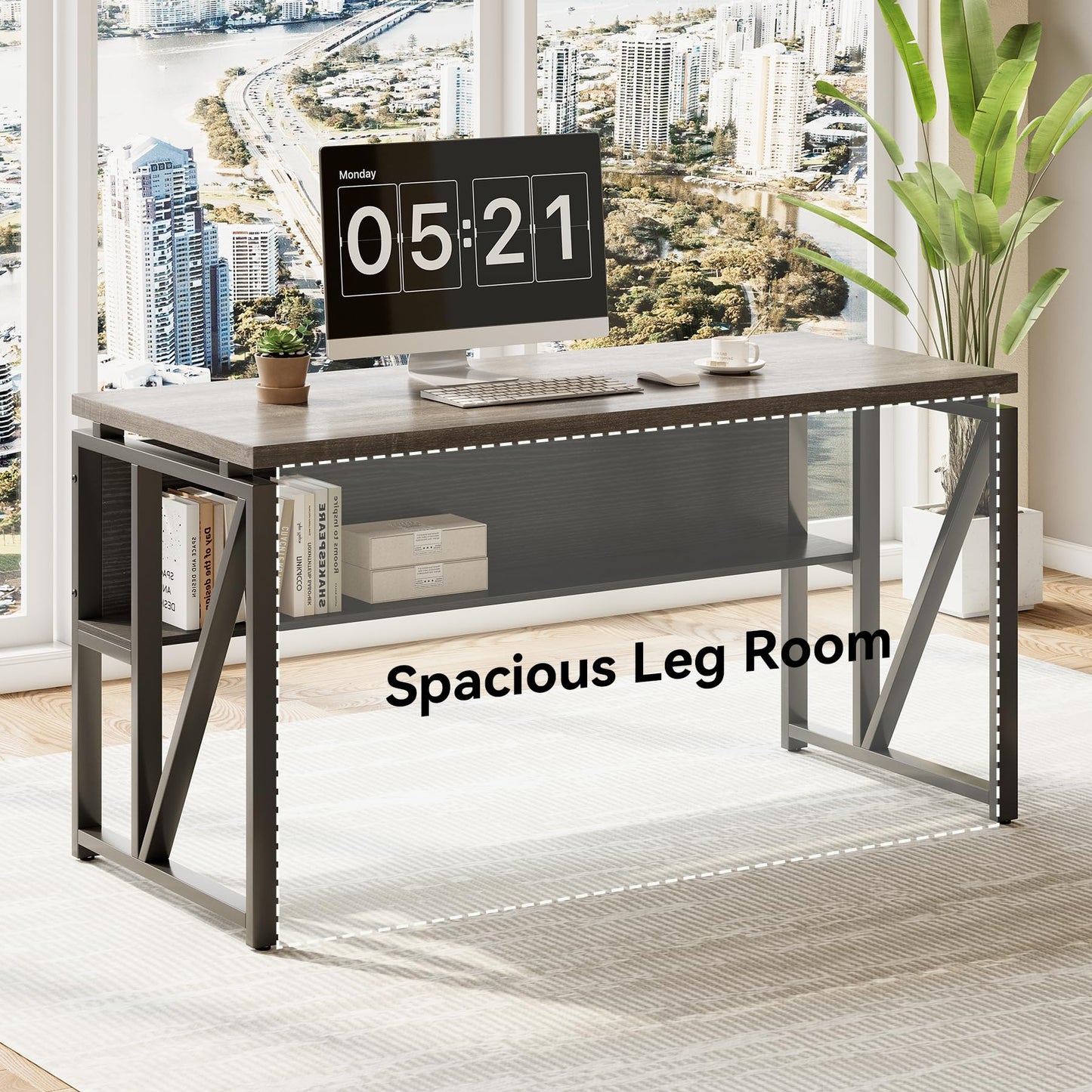 LITTLE TREE 55" Executive Computer Desk and Lateral File Cabinet, L-Shaped Office Desk with Storage for Home Office, Study Writing Workstation, Walnut + Black