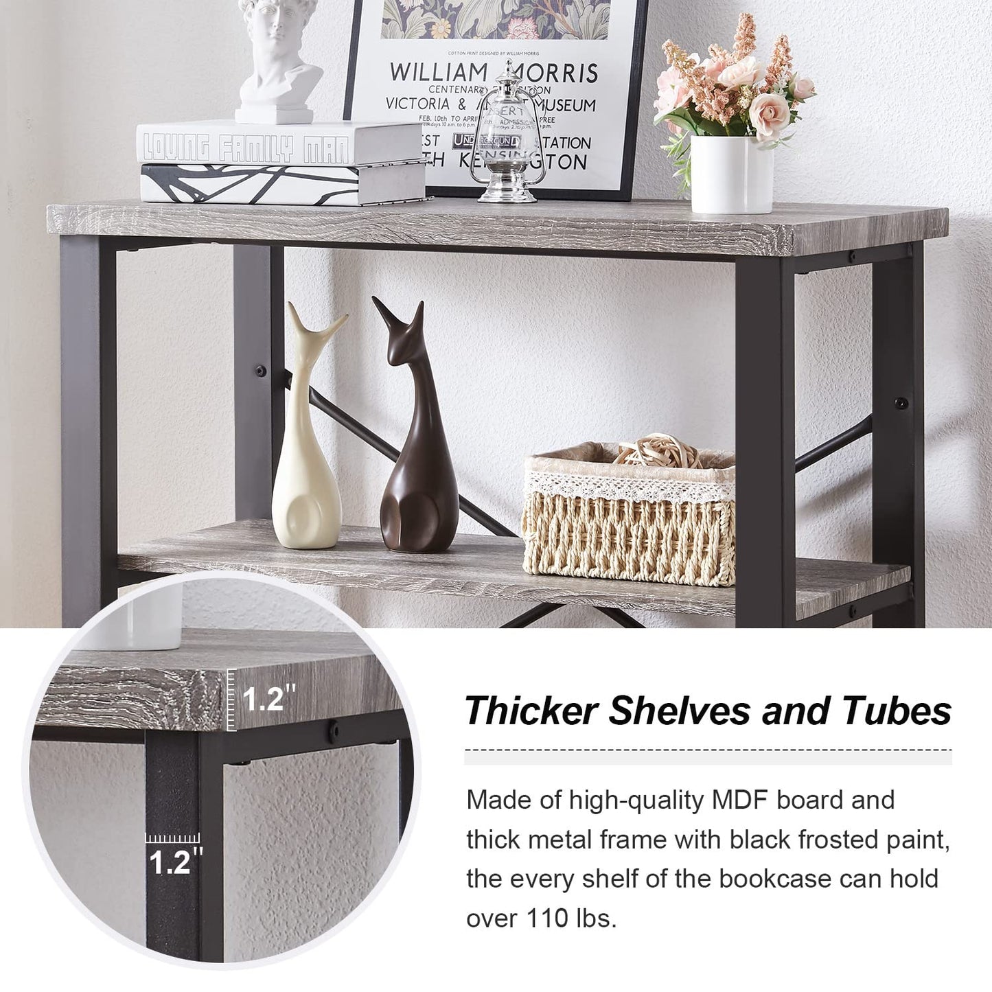 HOMBAZAAR 3 Tier Bookshelf,Grey Industrial Book Shelf,Engineered Wood and Metal Small Bookshelves,Low Shelf Bookcase for Living Room,Office,Bedroom and Kitchen