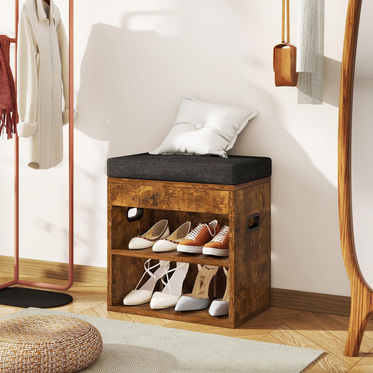 YMYNY Small Shoe Storage Bench with Cushion and Drawer, 2 Tier Adjustable Entryway Bench with Storage, Wooden Shoe Rack Bench for Entryway, Living Room, Hallway, Closet, Bedroom, Rustic Brown, HSC002H