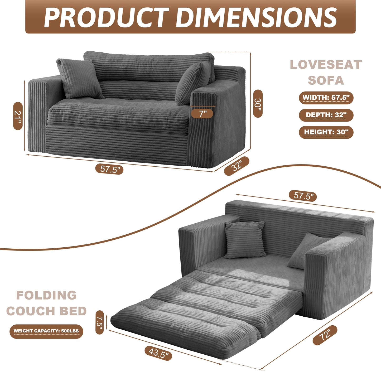NLDD Convertible Sofa Bed, Fold Out Chair with Pillow, Versatile Floor Couch with Back Support, Portable Chair Bed Comfy Floor Lounge Sofa for Living Room Bedroom Guest Room, Grey