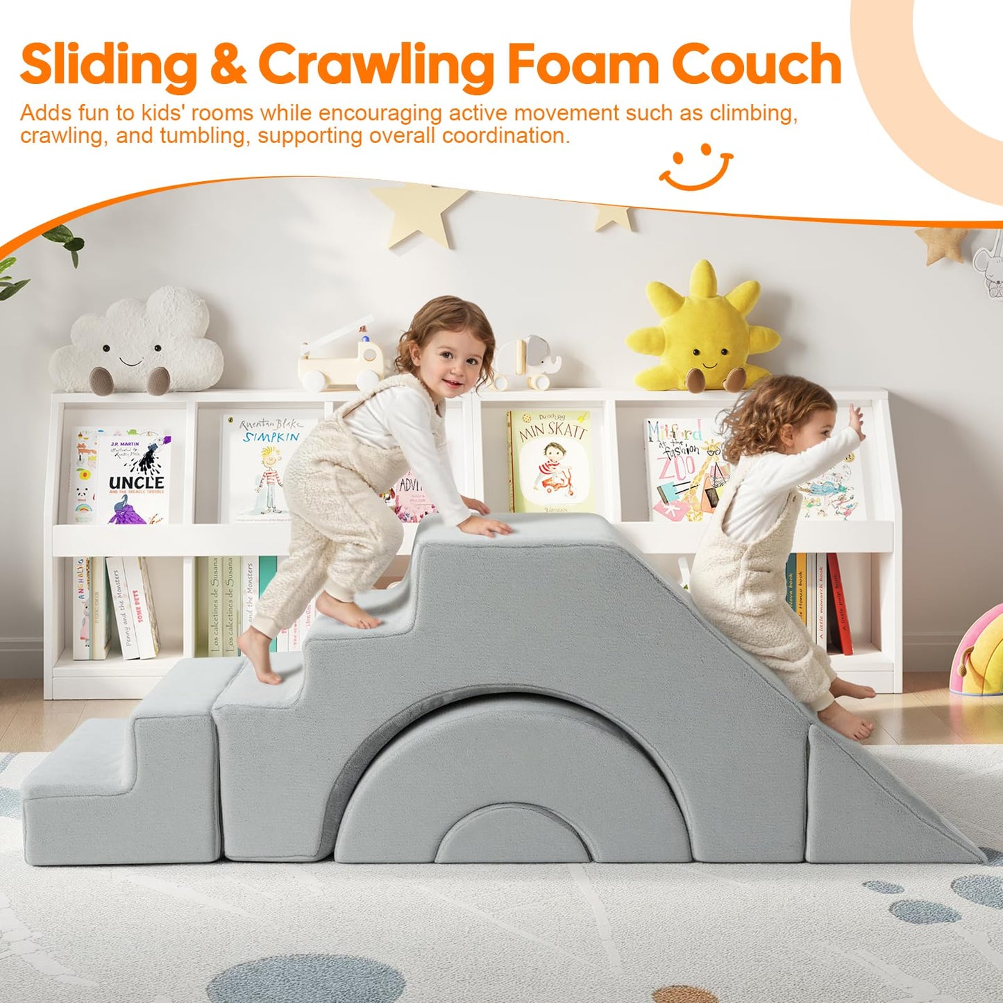 MeMoreCool Modular Kids Sofa – Convertible Foam Couch with Slide & Stair, Playroom & Bedroom Sectional Child Furniture | Soft Washable Cover | Ages 3+ | Grey