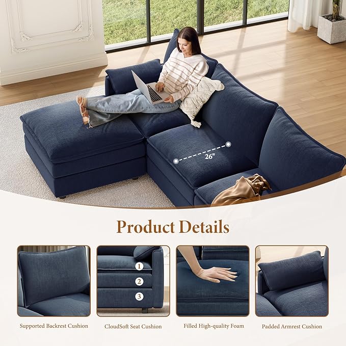 Vesgantti 142" U Shaped Sectional Couch, Comfy Cloud Modular Sectional Sofa