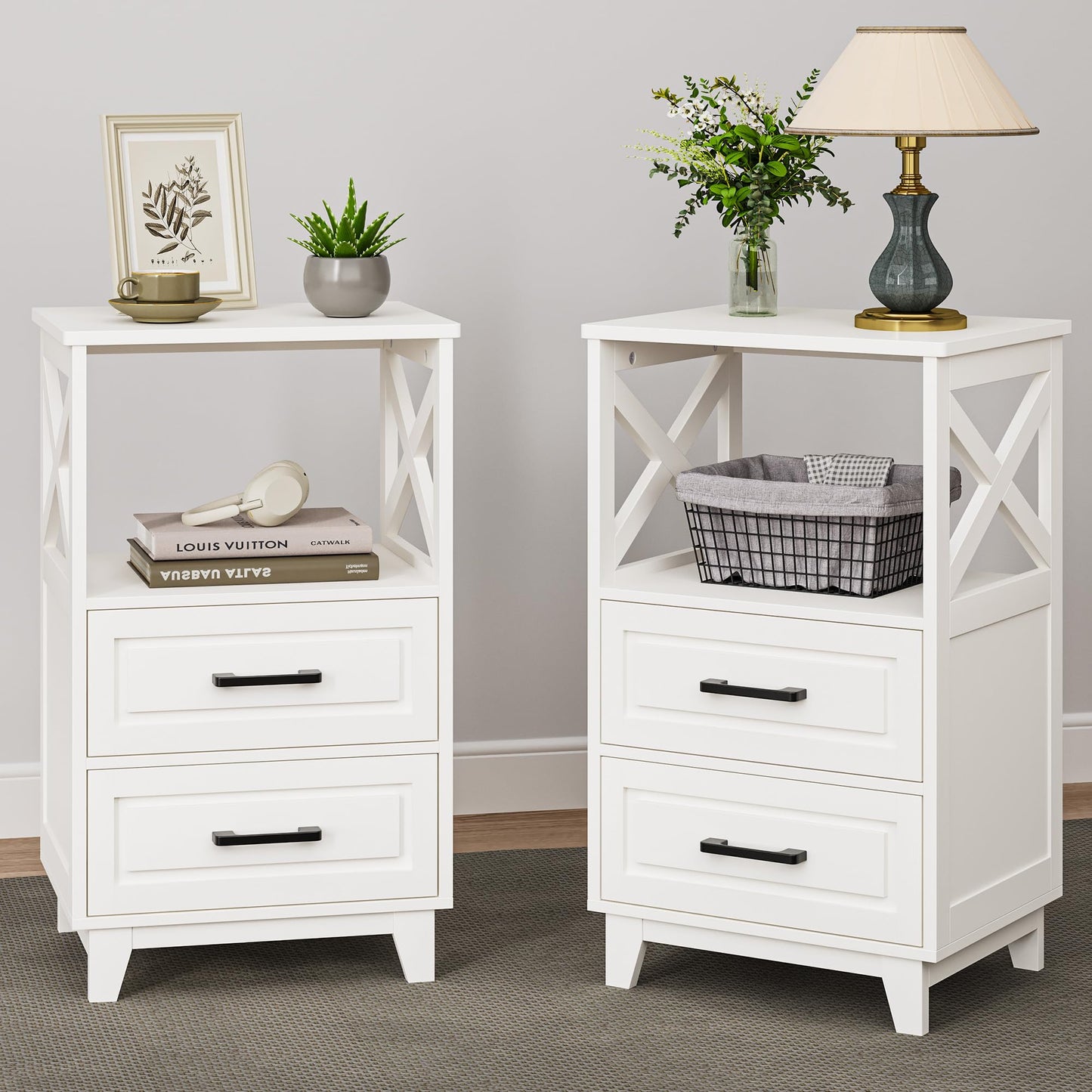 May in Color White Nightstand Set of 2, Tall Side Table, Farmhouse End Table with 2 Large Storage Drawers Cabinet, Wooden Rustic Bedside End Table for Bedroom, Home Office, White