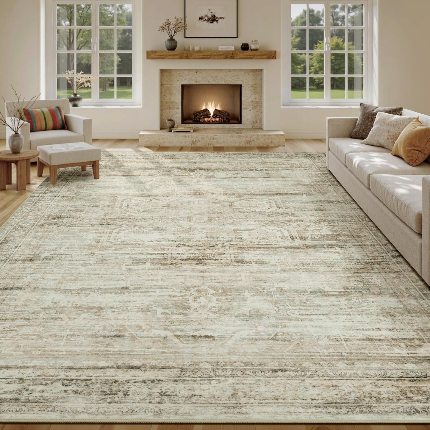 Carpelux Washable Large Area Rugs 8x10 for Living Room Bedroom Dining Room, Luxury Cozy Neutral Retro Distressed Stain Resistant Beige Rug, Soft Faux Wool Non Slip Indoor Foldable Carpets